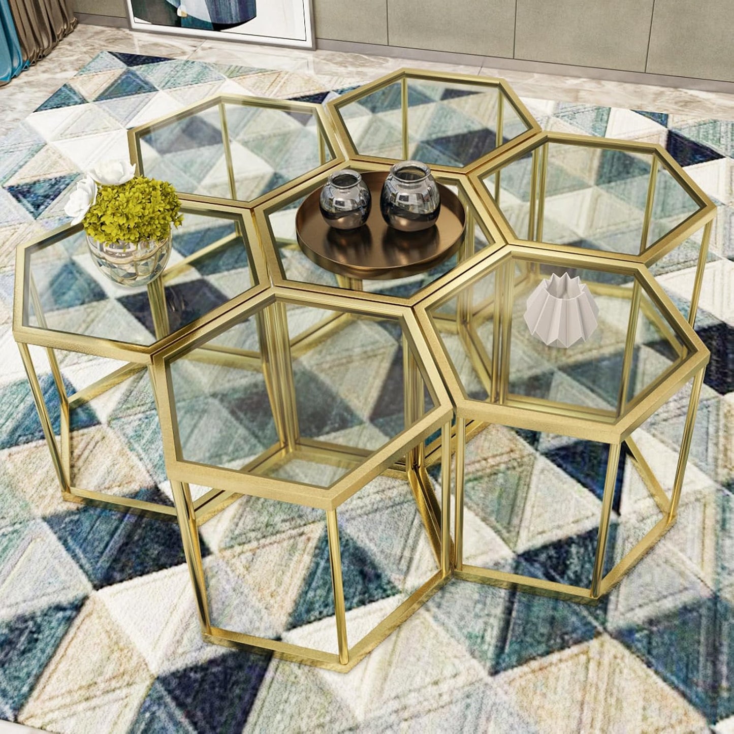 Gold Coffee Table Glass Modern Coffee Table, Hexagon Free Combination Glass Center Table Small End Tables with Metal Frame for Living Room Set of 1