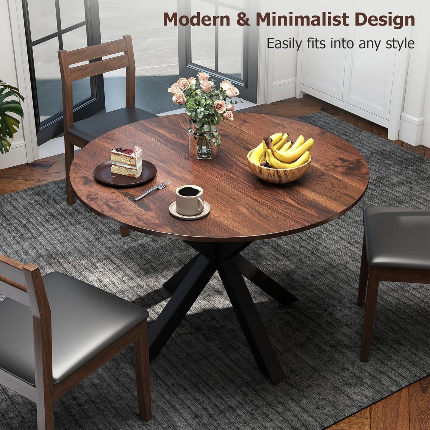 Round Dining Table, 42" Kitchen Dining Table for 4-6, Small Round Table with Metal Cross Legs, Modern Round Dining Room Table for Kitchen, Apartment, Living Room, Brown