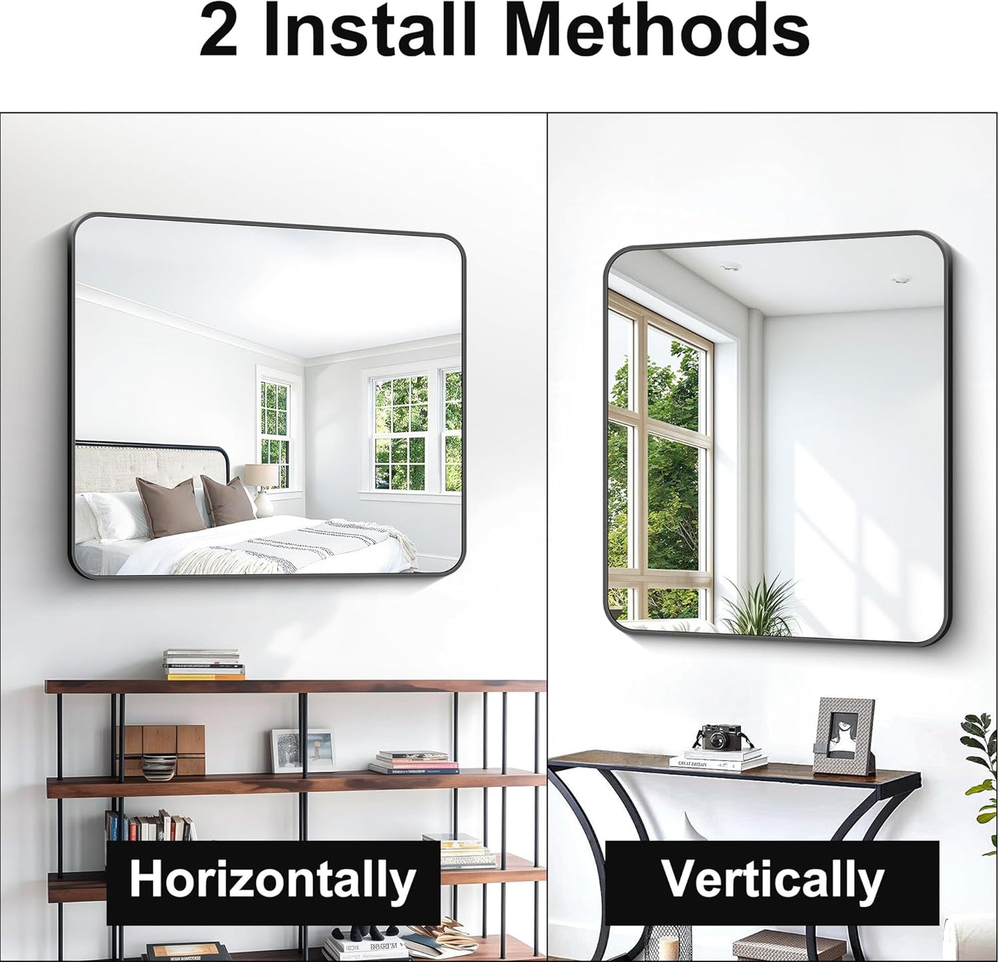 BONEWEI 36x40 inch Bathroom Mirror,Black Rectangle Mirror,Wall Mounted Bathroom Frame Vanity Mirror with Round Corner for Bedroom Living Room,Entryway Hangs Horizontal or Vertical