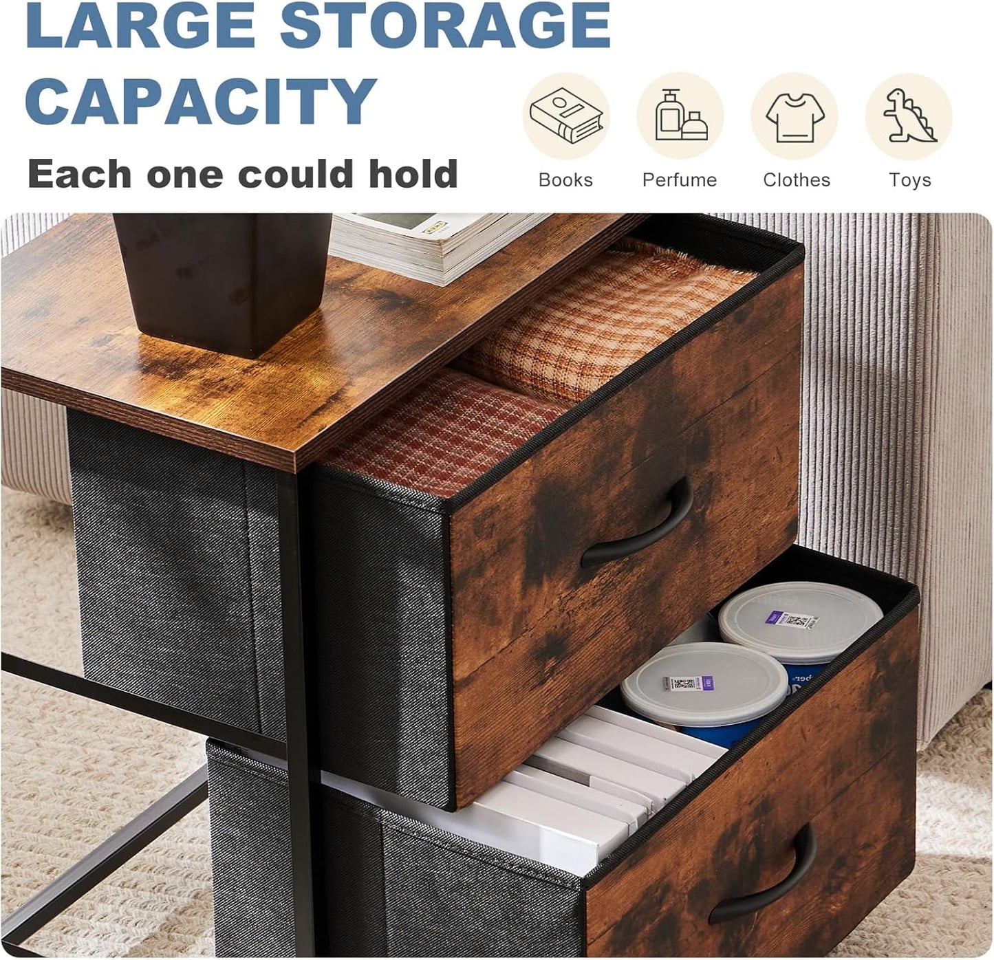 DUMOS Nightstand Small Dresser with 2 Fabric Drawers Side Tables Bedroom End Table Kids Bedside Storage Furniture for 20 inch Tall Night Stand for Closet, Entryway, College Dorm, Rustic Brown(2 Pack)