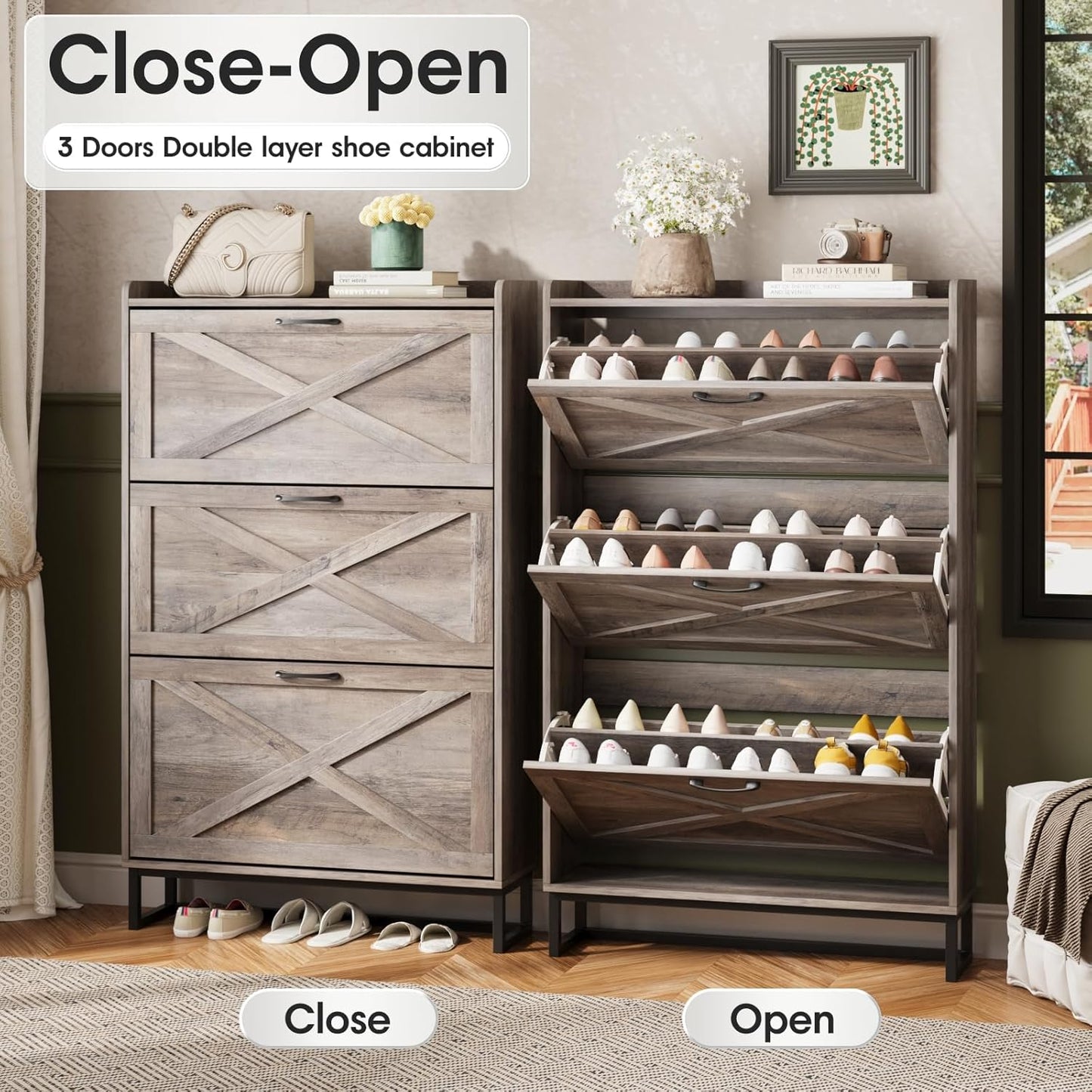 Maupvit Shoe Storage Cabinet with 3 Flip Drawers, Freestanding Organizer with Metal Legs for Entryway, Narrow Shoe Rack Cabinet, Washed Gray