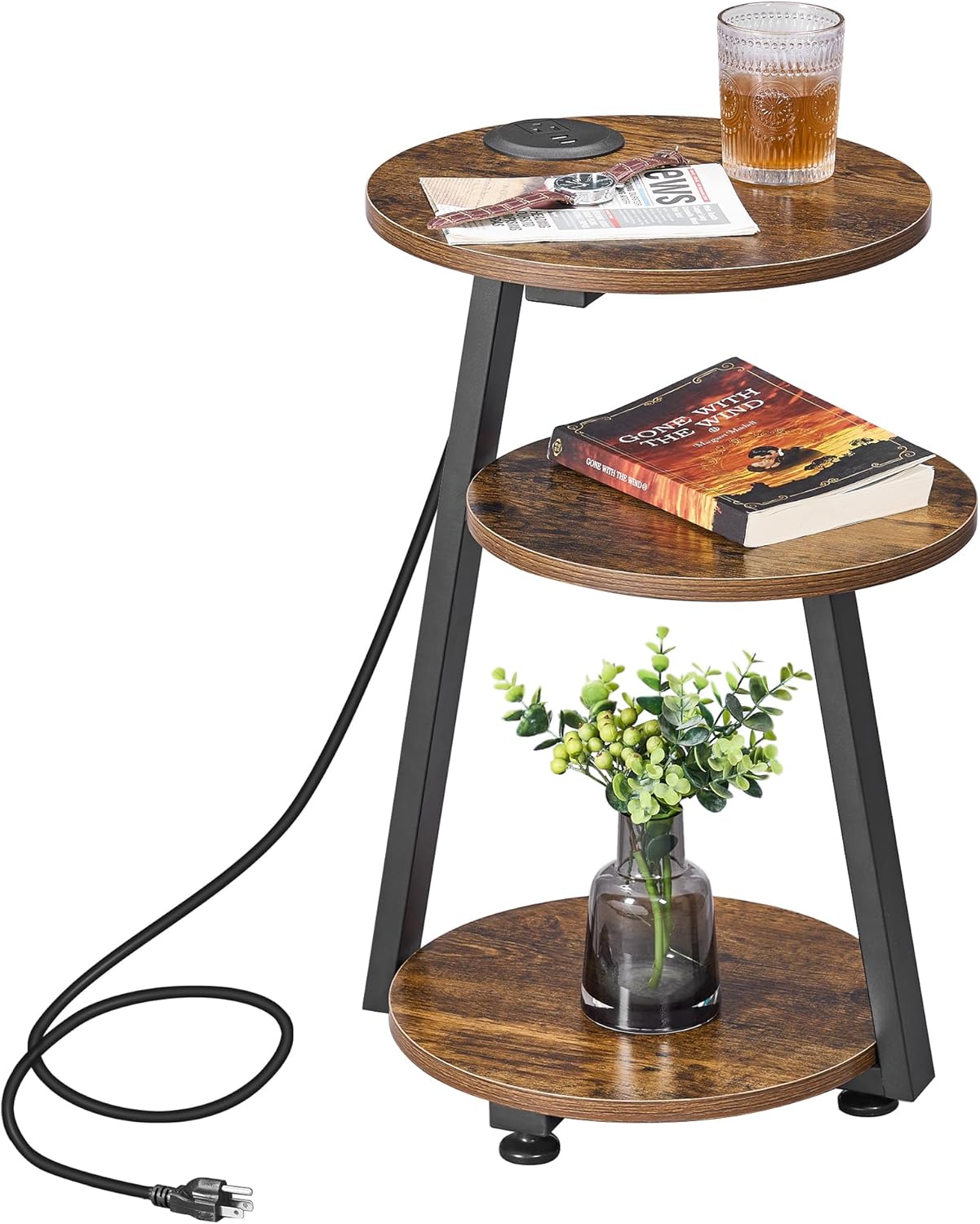 BEWISHOME Round End Table with Charging Station, Side Table Accent Nightstand Bedside Table with 3-Tier Shelves, Small Couch Table for Living Room Bedroom Rustic Brown KTZ51Z