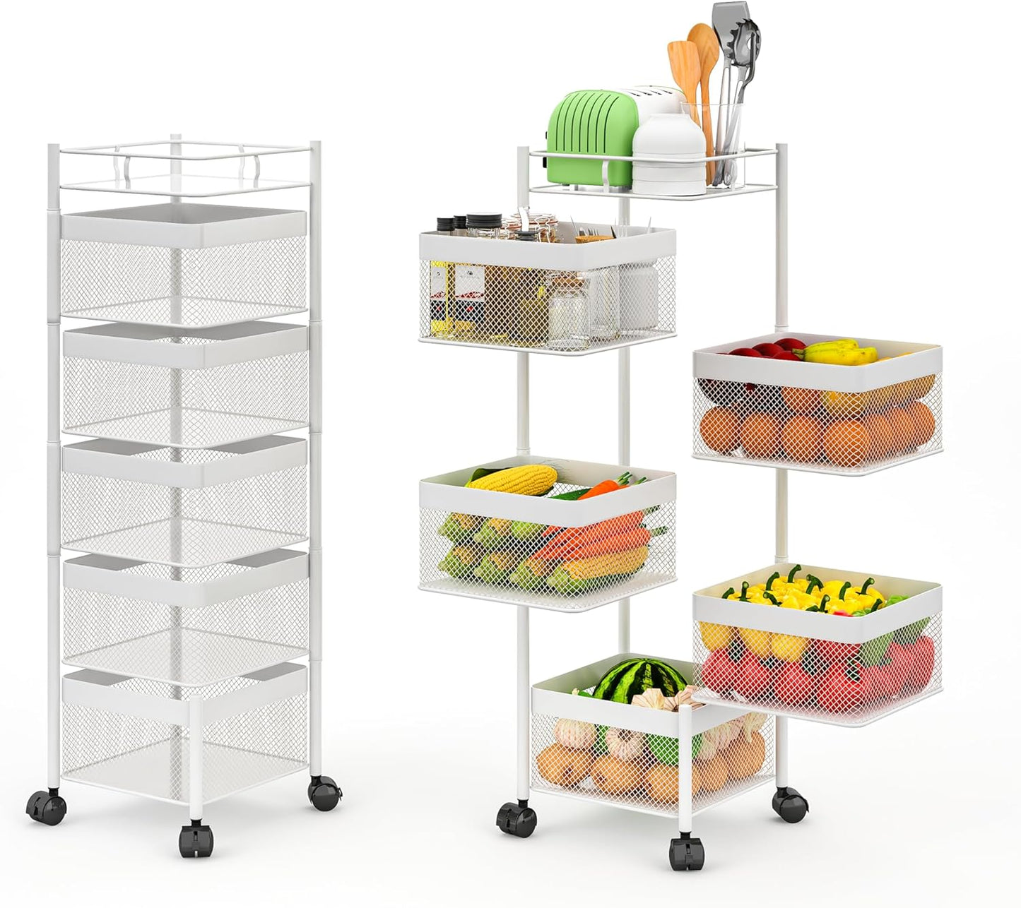 Fruit Basket for Kitchen No Assembly,Rotating Kitchen Storage Rack,Bathroom Shelf, Organizers and Storage Cart on Rolling Wheels，Potato and Onion Storage Organizer(White, 5 Tier-Square)