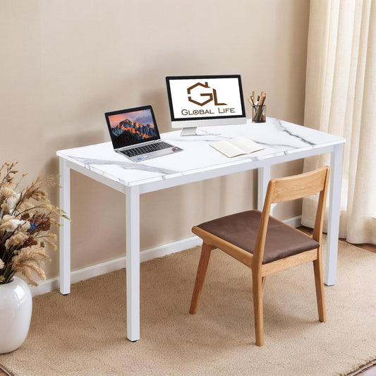 55 inch Large Computer Desk Wood, Modern Simple Style Desk for Home Office, Bedroom, Study Student Writing Desk, Small Spaces, White Metal Frame, Marble Grain Top
