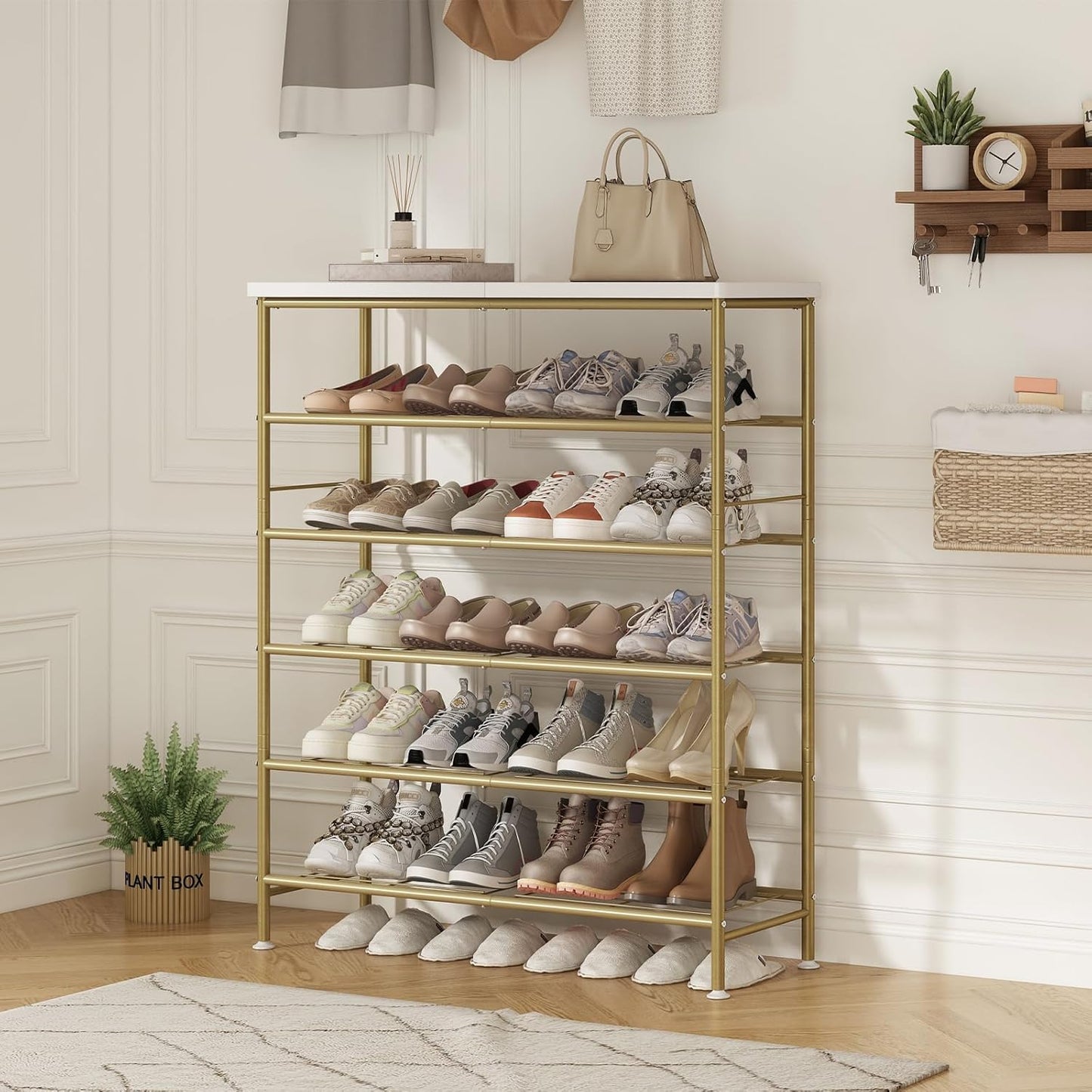 Shoe Rack Organizer 6 Tier for Closet Entryway Free Standing Metal Storage Shoe Shelf with MDF Top Board，Gold