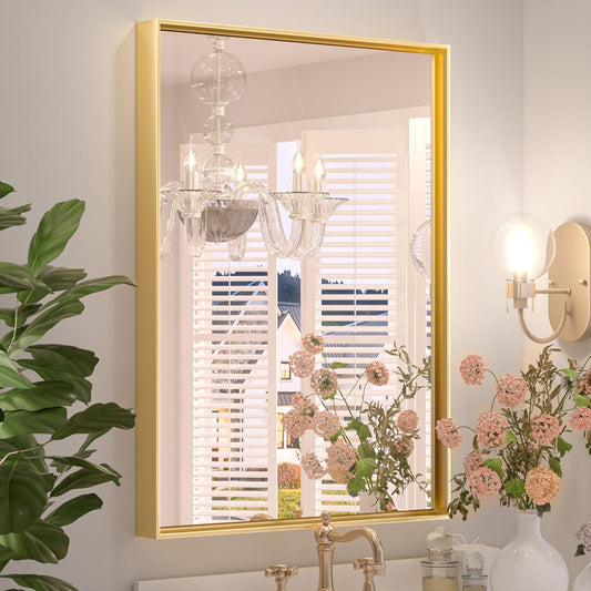 Keonjinn 22 x 30 Inch Gold Bathroom Mirror for Over Sink Brushed Gold Rectangle Wall Mounted Mirror Metal Frame Modern Farmhouse Mirror with Square Corner Framed Mirror(Horizontal/Vertical)