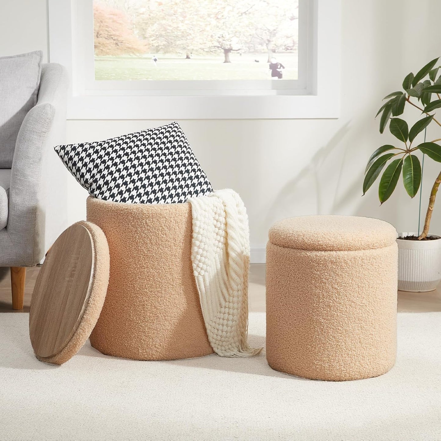 Boucle Round Ottoman with Storage Set of 2,Small Foot Stool Ottoman for Living Room, Small Coffee Table,Vanity Stool with Storage for Bedroom, Beige