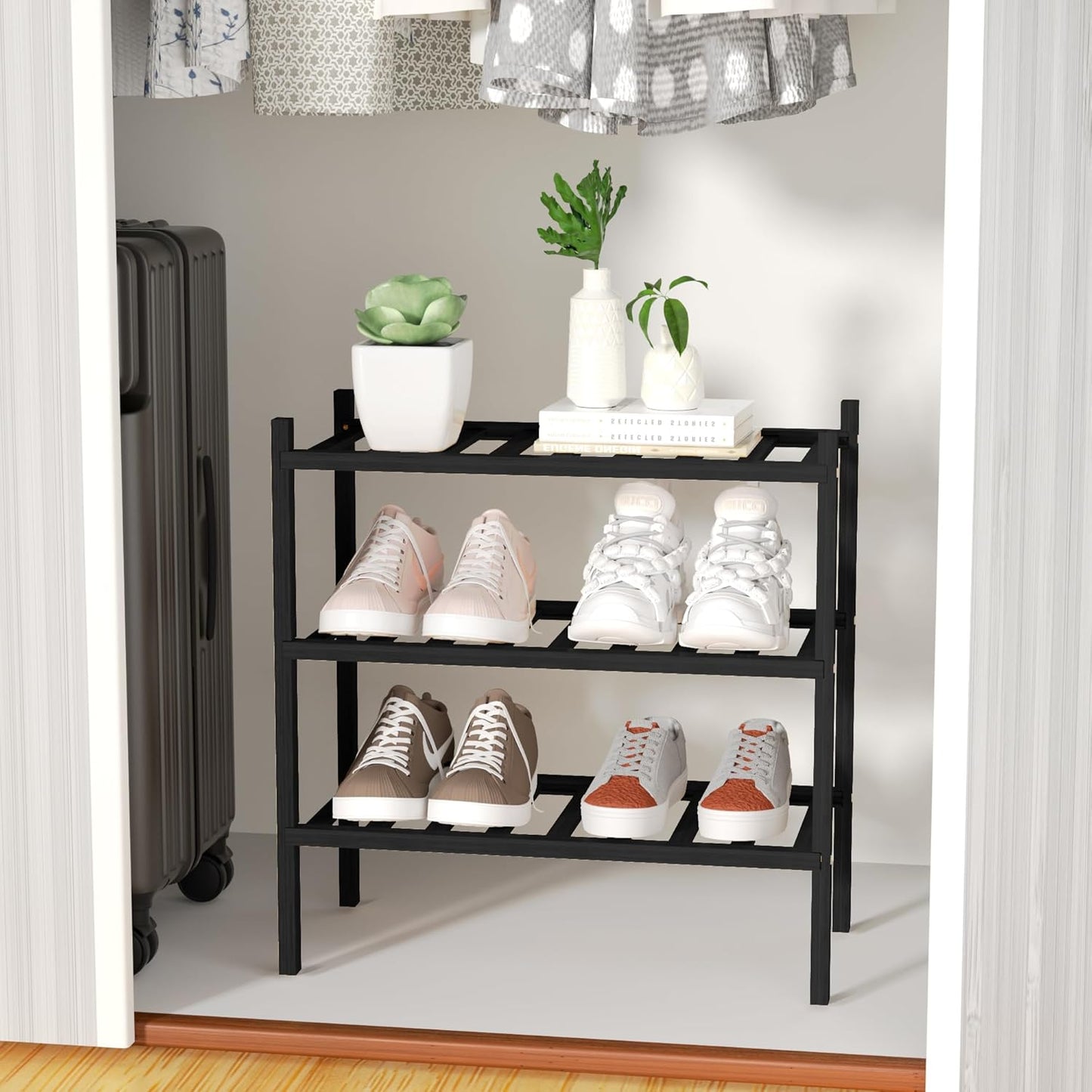 3-Tier Bamboo Small Shoe Rack, Free Standing Wood Shoe Shelf Storage Organizer for Closet Entryway Stackable (Black)