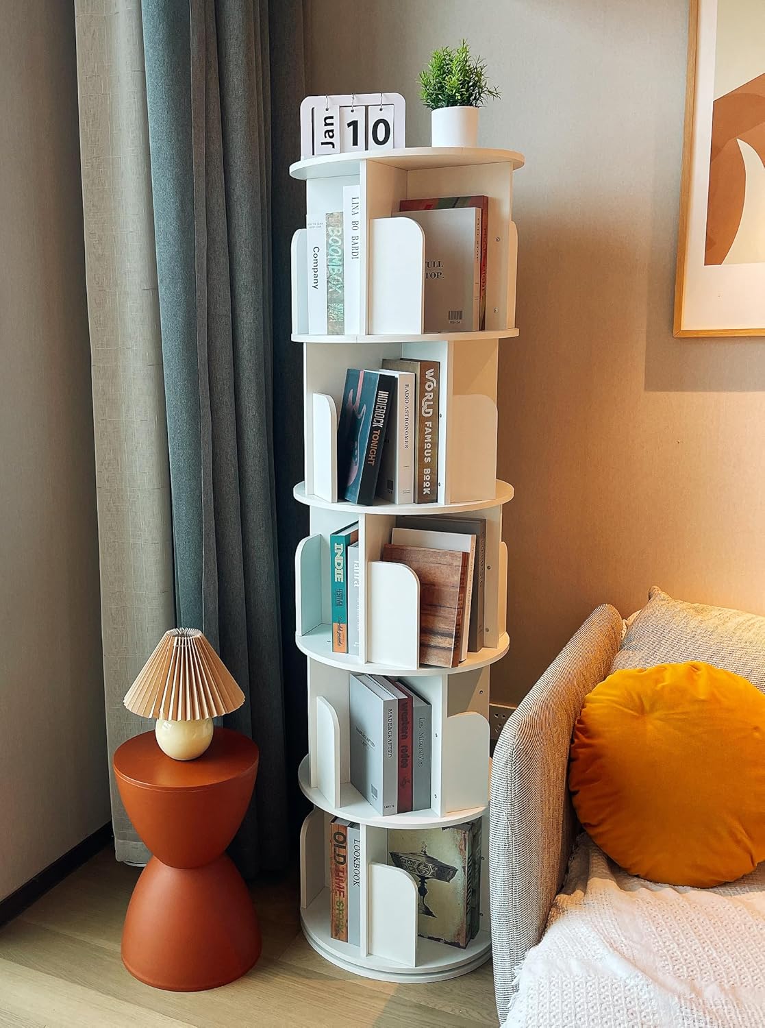 Heehee Wooden Rotating Bookshelf 360 Display Floor Standing Bookcase Storage Rack for Kids&Adults Multi-Functional Bookshelf Organizer (White (5-Tier))