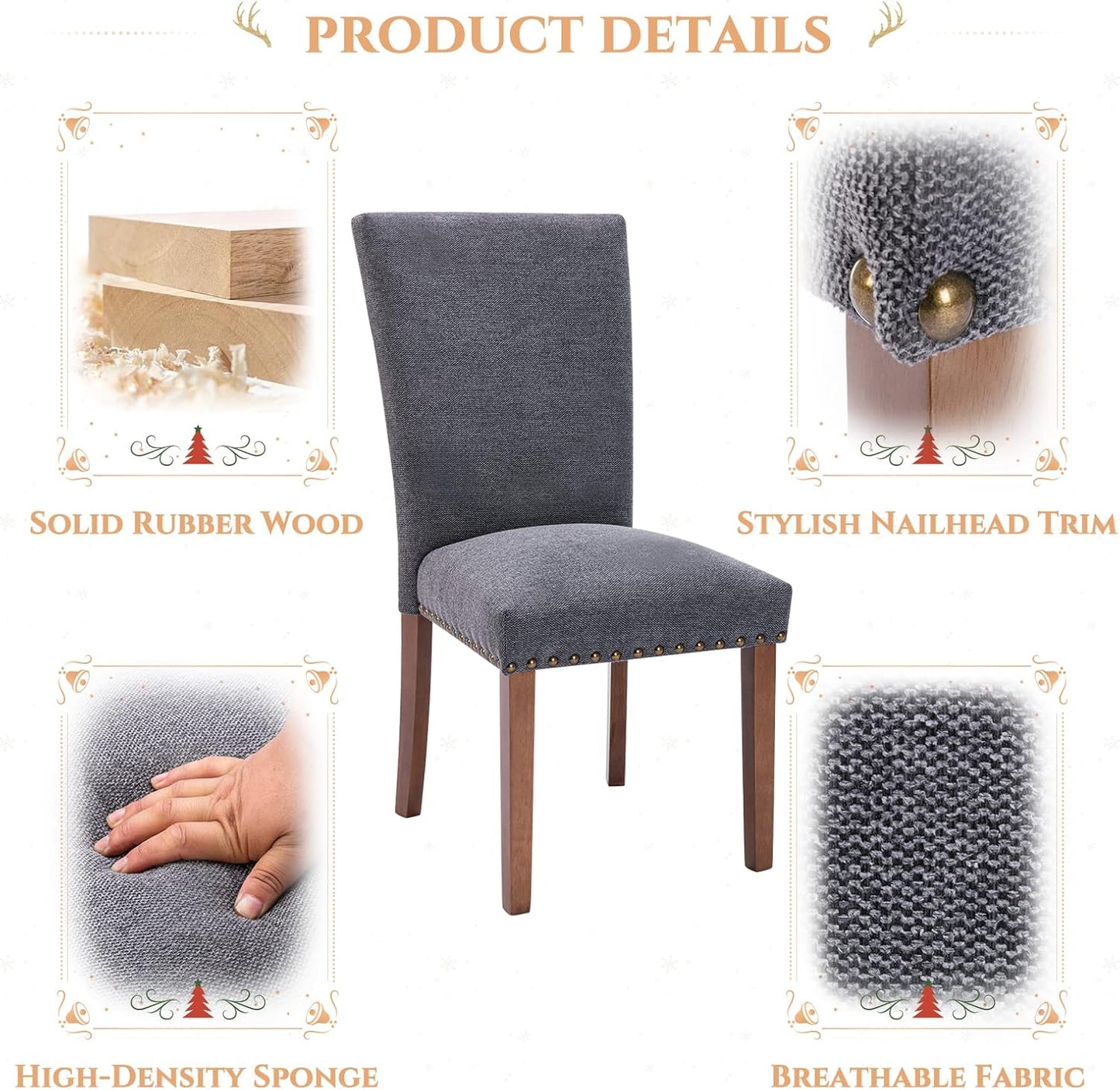 Parsons Dining Chairs Set of 6, Upholstered Nailhead Dining Room Kitchen Side Chair with Thick Cushions and Wood Legs, Dark Grey