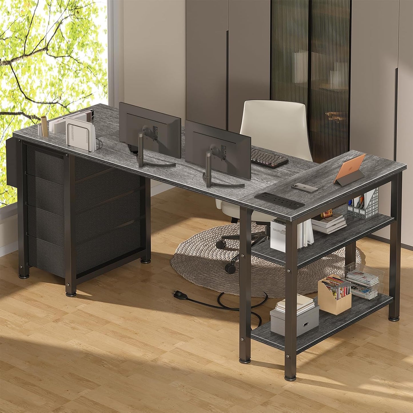 Lufeiya L Shaped Gaming Desk with Drawers & Storage Shelves, 55 Inch Corner Computer Desk with Power Outlet for Home Office Bedroom, L-Shaped Teen PC Desks with Fabric Drawer, Gray