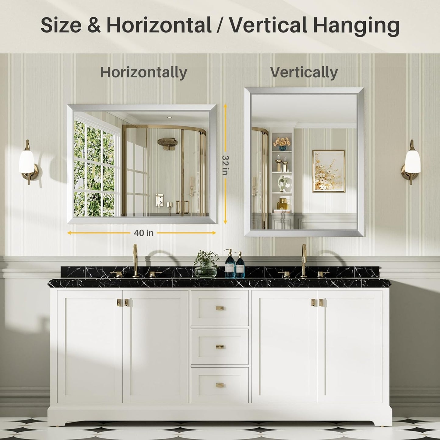 40x32 Inch Silver Bathroom Mirror for Wall, Thick Metal Framed Rectangle Mirrors for Over Sink, Bedroom, Living Room, Entryway, Anti-Rust, HD Tempered Glass