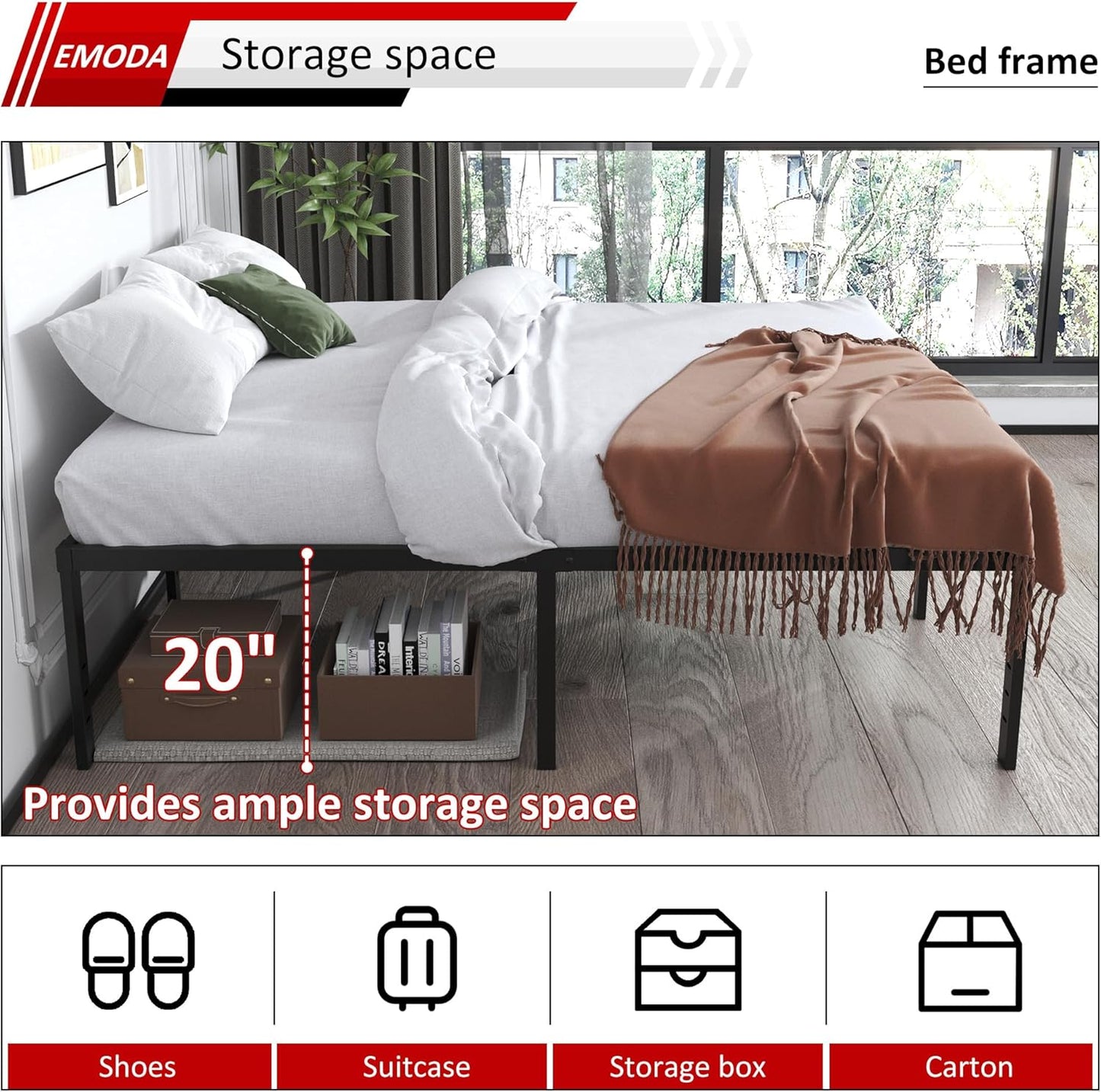 EMODA 20 Inch Queen Bed Frame No Box Spring Needed Heavy Duty Metal Tall Platform Bed Frame Queen Size with Large Storage Space, Easy Assembly, Black