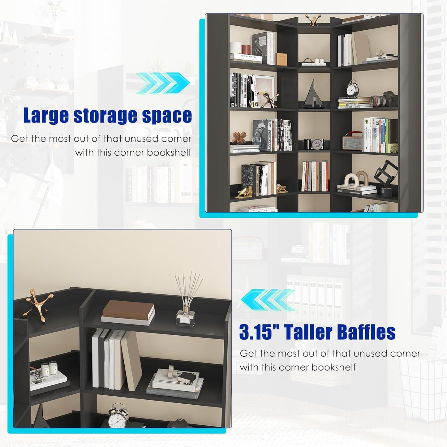 6 Tiers Corner Bookshelf, 63.1" Tall Modern Corner Etagere Bookcase Storage Display Rack Book Shelf with Baffle, Industrial L Shaped Bookshelves for Bedroom, Home Office, Living Room, Black