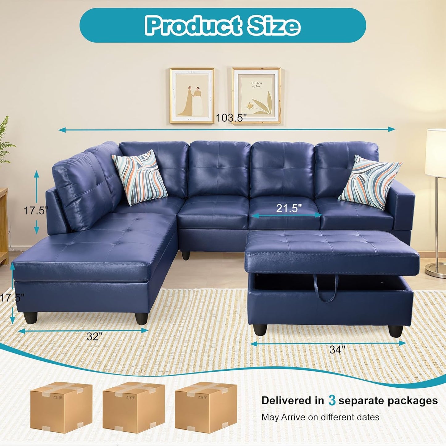 L Shaped Couch PU Leather Sectional Couch Upholstered 3 Pieces Sofas for Living Room with Chaise, Storage Ottoman for Office and Small Apartment, Blue