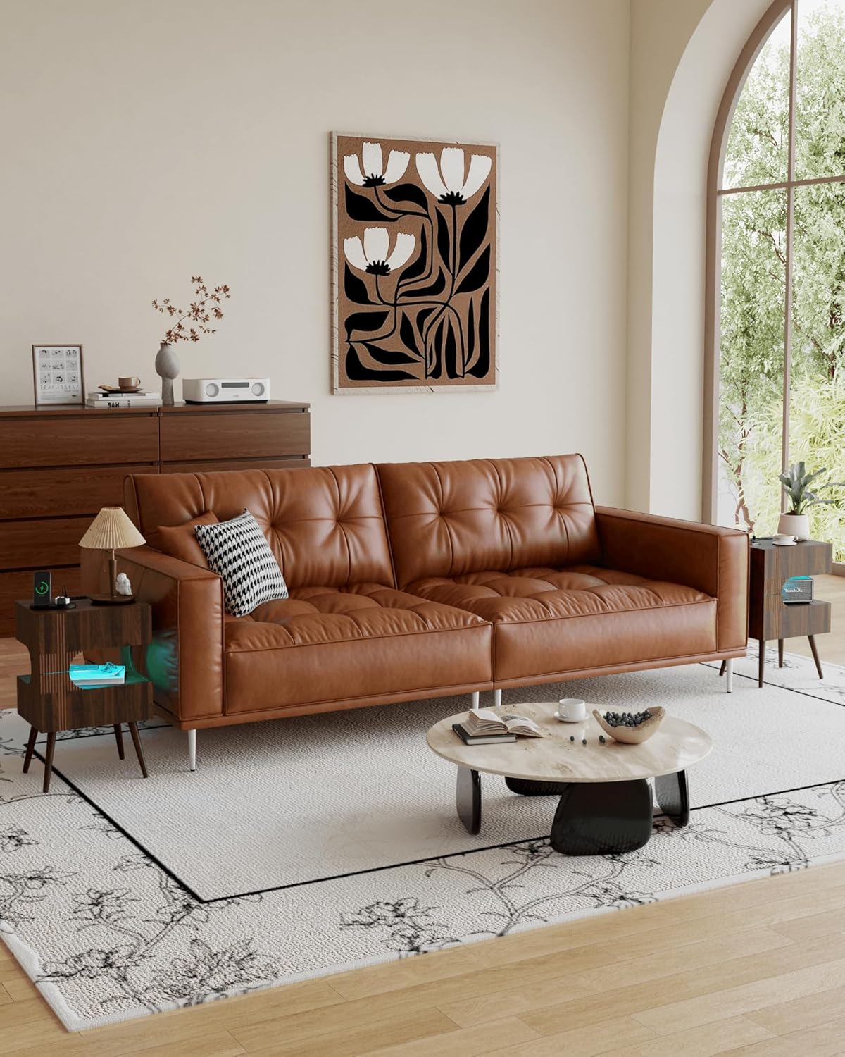 Nightstand with Charging Station and LED Lights,Modern Bedside Table with 2 Storage Drawer,Night Stand with Solid Wood Legs,White (Walnut Brown)