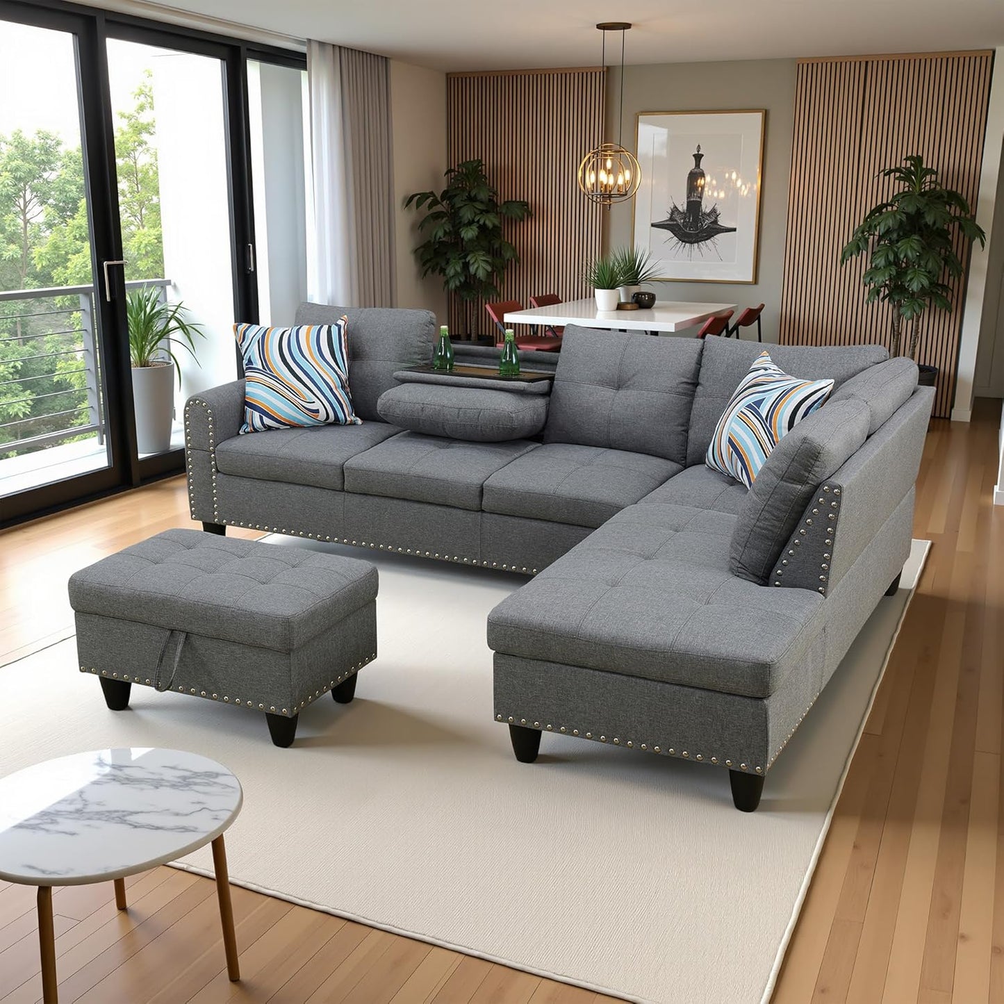 97.5" Oversized Sectional Couch, L Shaped Couch with Storage Ottoman, Modern Modular Sofa with Deep Seat, Sectional Couches for Living Room and Office, Grey (Linen)