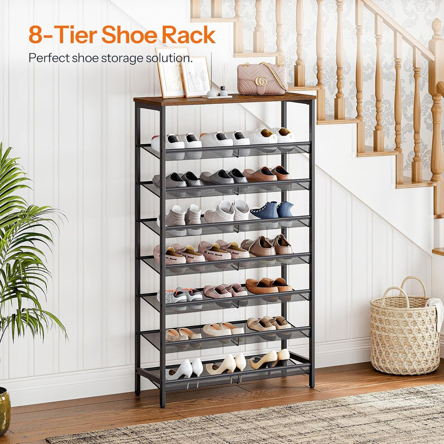 HOOBRO 8-Tier Shoe Rack, 29.5"L Shoe Shelf, Large Capacity Shoe Storage Organizer for 21-24 Pairs of Shoes, Front Door Entrance, Entryway, Hallway, Closet, Space Saver, Rustic Brown and Black BF18XJ01