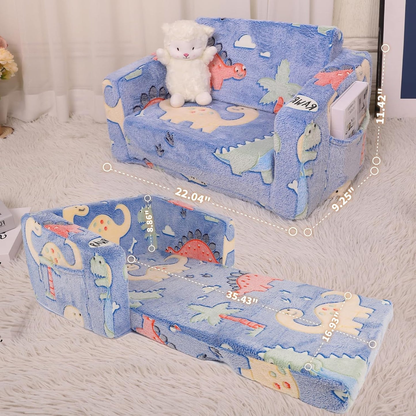 Kids Chairs for Toddler, 2 - in - 1 Toddler Soft Teddy Fleece Couch Featuring Glow - in - The - Dark Elements, Fold Out, Convertible Sofa to Lounger for Girls and Boys - Colorful Dinosaur