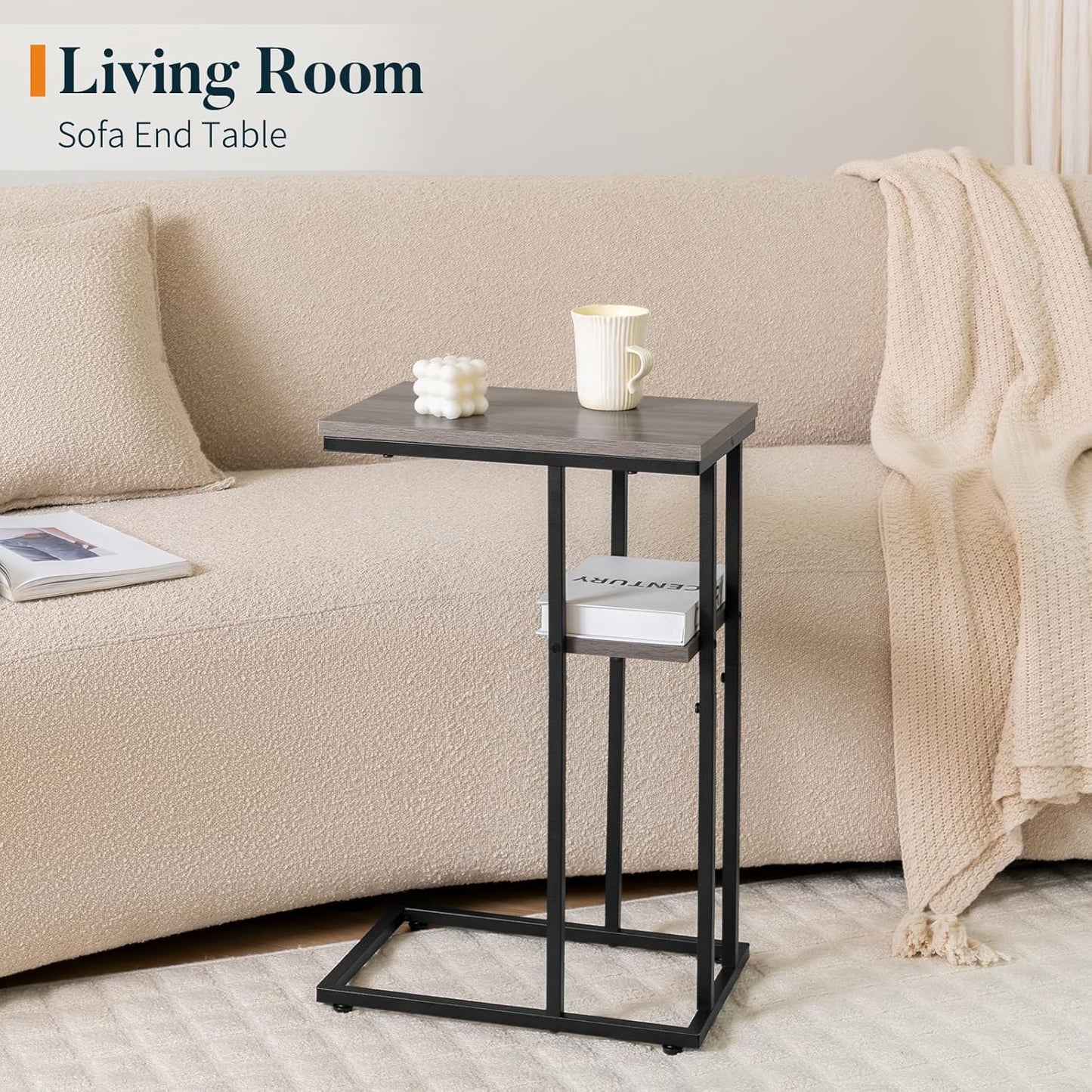 Yoobure C Shaped End Table, Side Table for Couch and Bed, Small Side Tables for Small Spaces, Living Room, Bedroom, Rustic Snack Tables