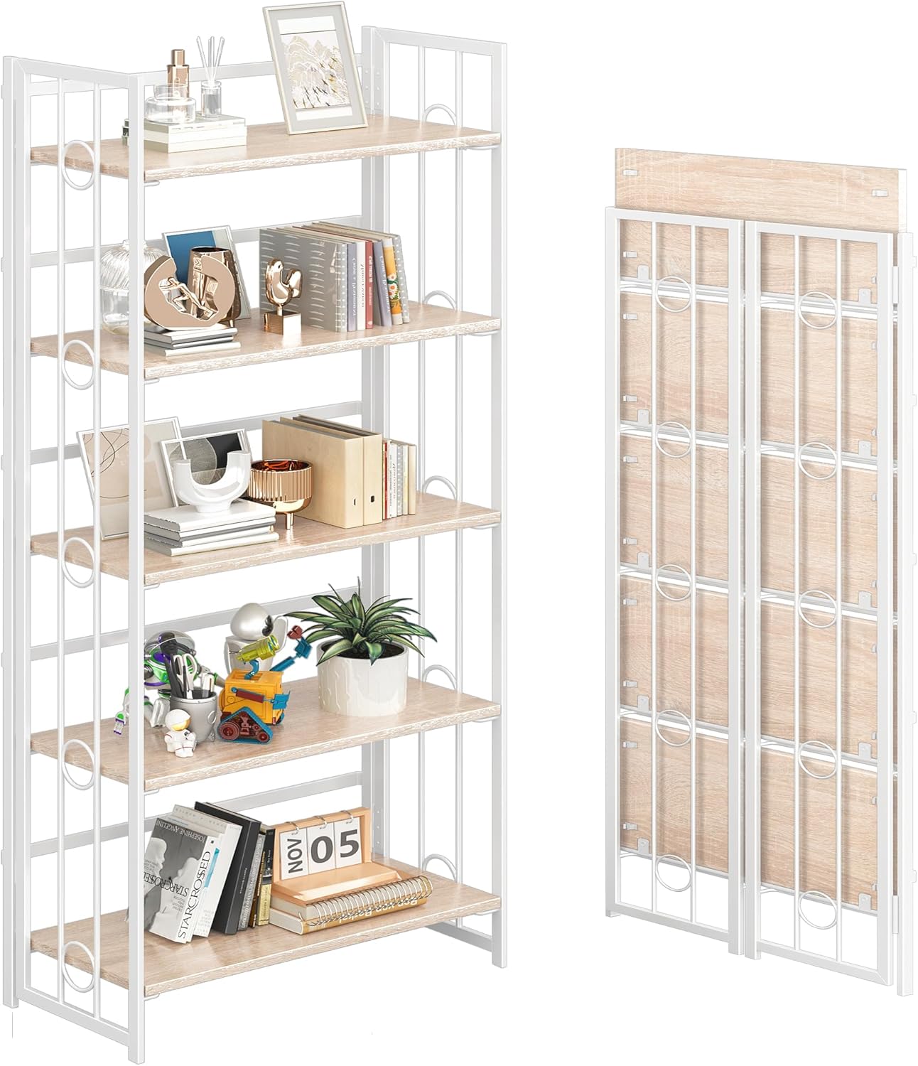 4NM No Assembly 5 Tiers Folding Bookshelf, 59.4" H Foldable Storage Shelves Vintage Bookcase Standing Racks Study Organizer Home Office - Natural White