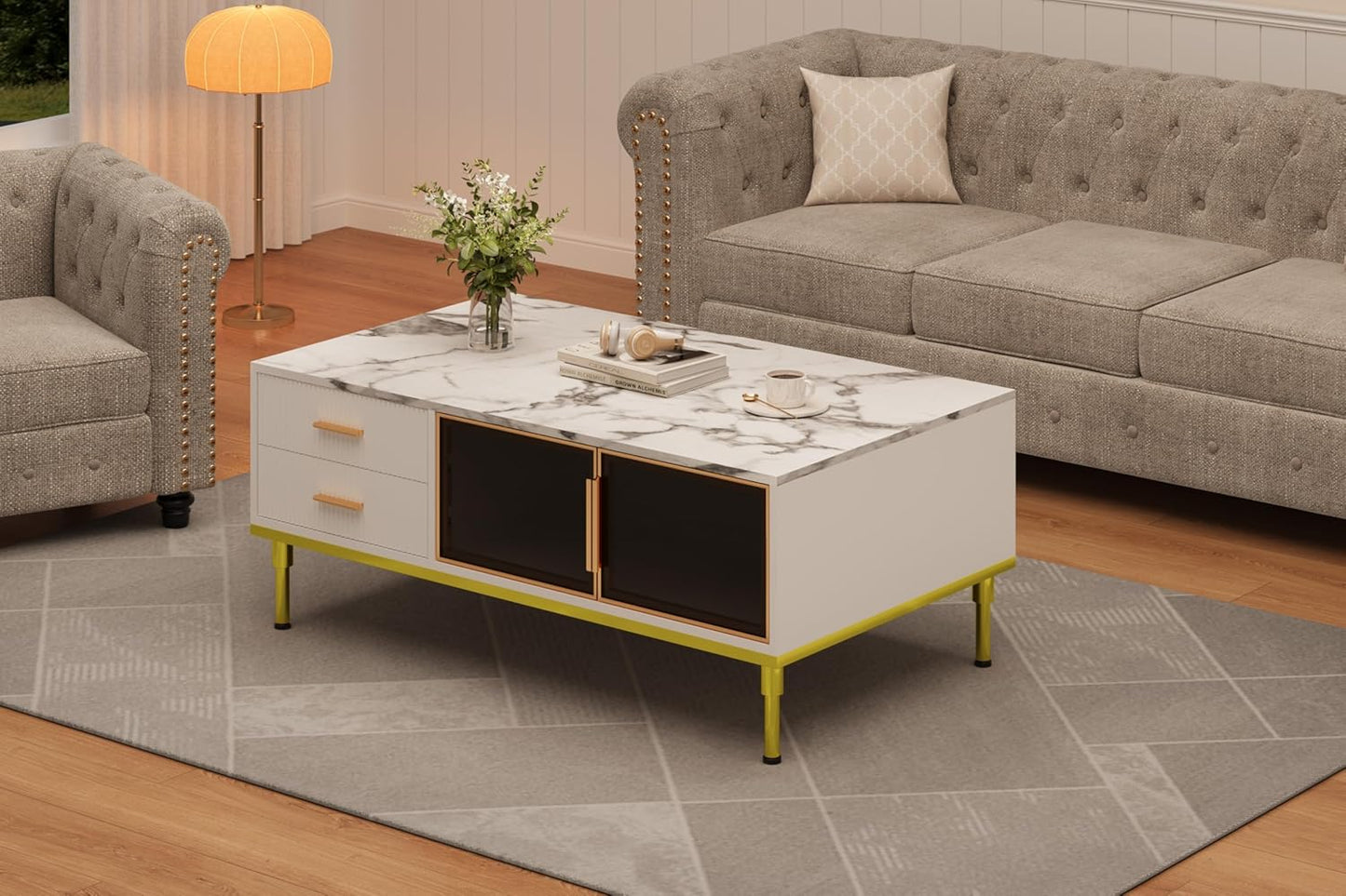GAOMON Coffee Table for Living Room, Faux Marble Coffee Table with 4 Drawers and Glass Doors Storage, Modern Aesthetic Fluted Panel Design, White & Gold