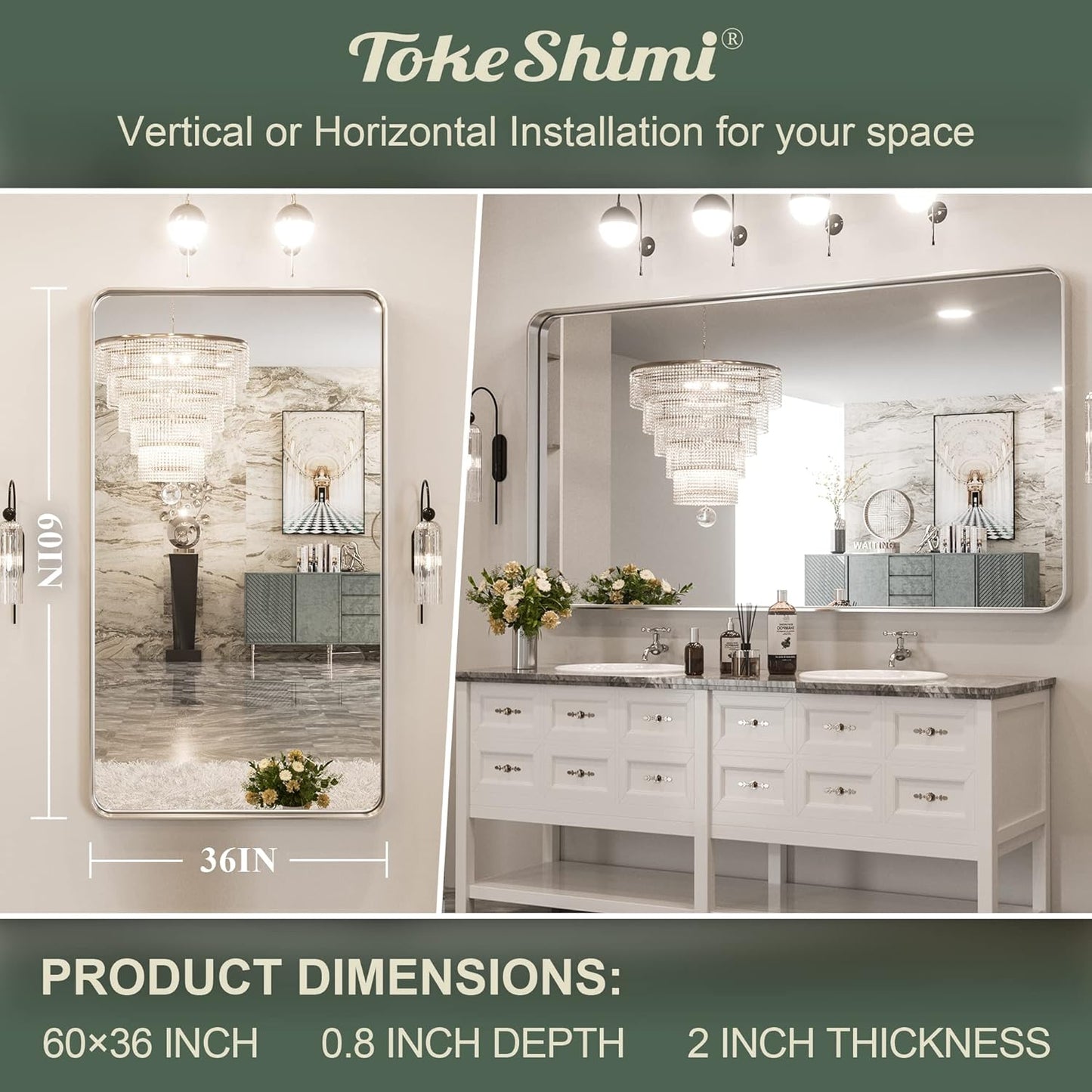 TokeShimi 60 x 36 Inch Brushed Silver Bathroom Mirror for Wall Brushed Brass Metal Rounded Corner Rectangle Mirror Metal Frame Deep Set Design Hangs Horizontal Or Vertical