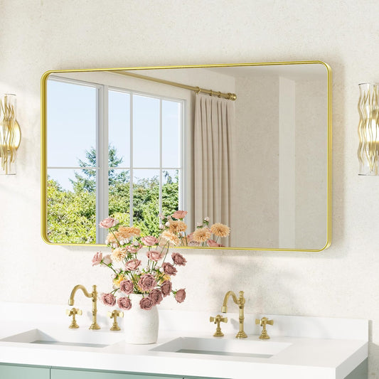 TETOTE Brushed Gold Bathroom Mirror 40 x 24 Gold Metal Framed Bathroom Mirror, Tempered Glass, Modern Farmhouse Wall Mounted Mirror for Decorative(Horizontal/Vertical)