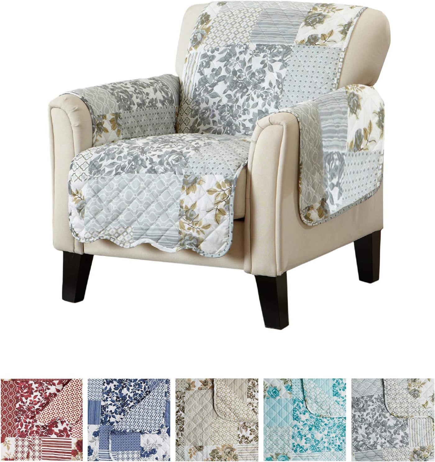 Patchwork Scalloped Printed Furniture Protector Stain Resistant Chair Cover (Chair, Grey)