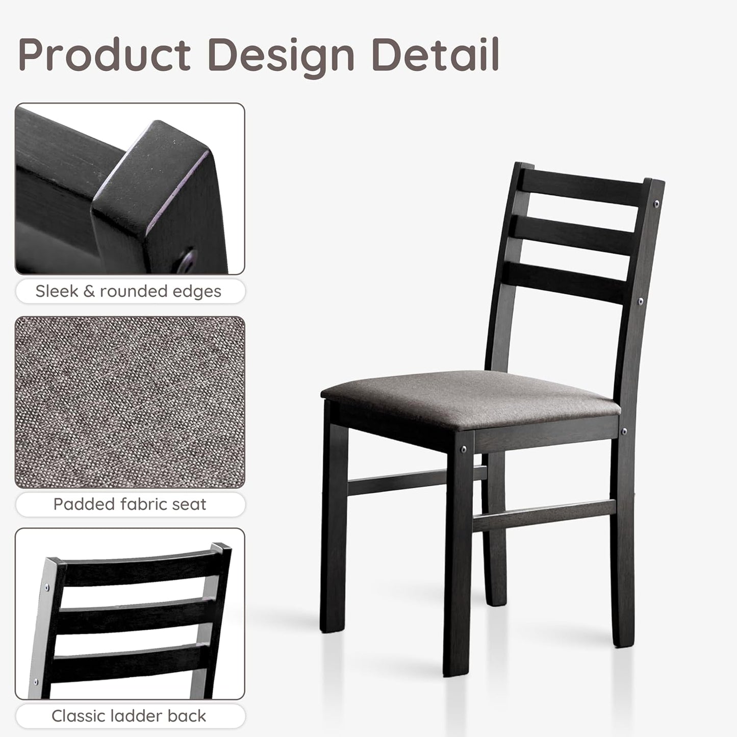 Livinia Seattle Modern Farmhouse Kitchen Dining Room Chair Set of 2, Solid Wood Fabric Upholstered Cushion Seat Wood Ladder Back Chairs (Black)