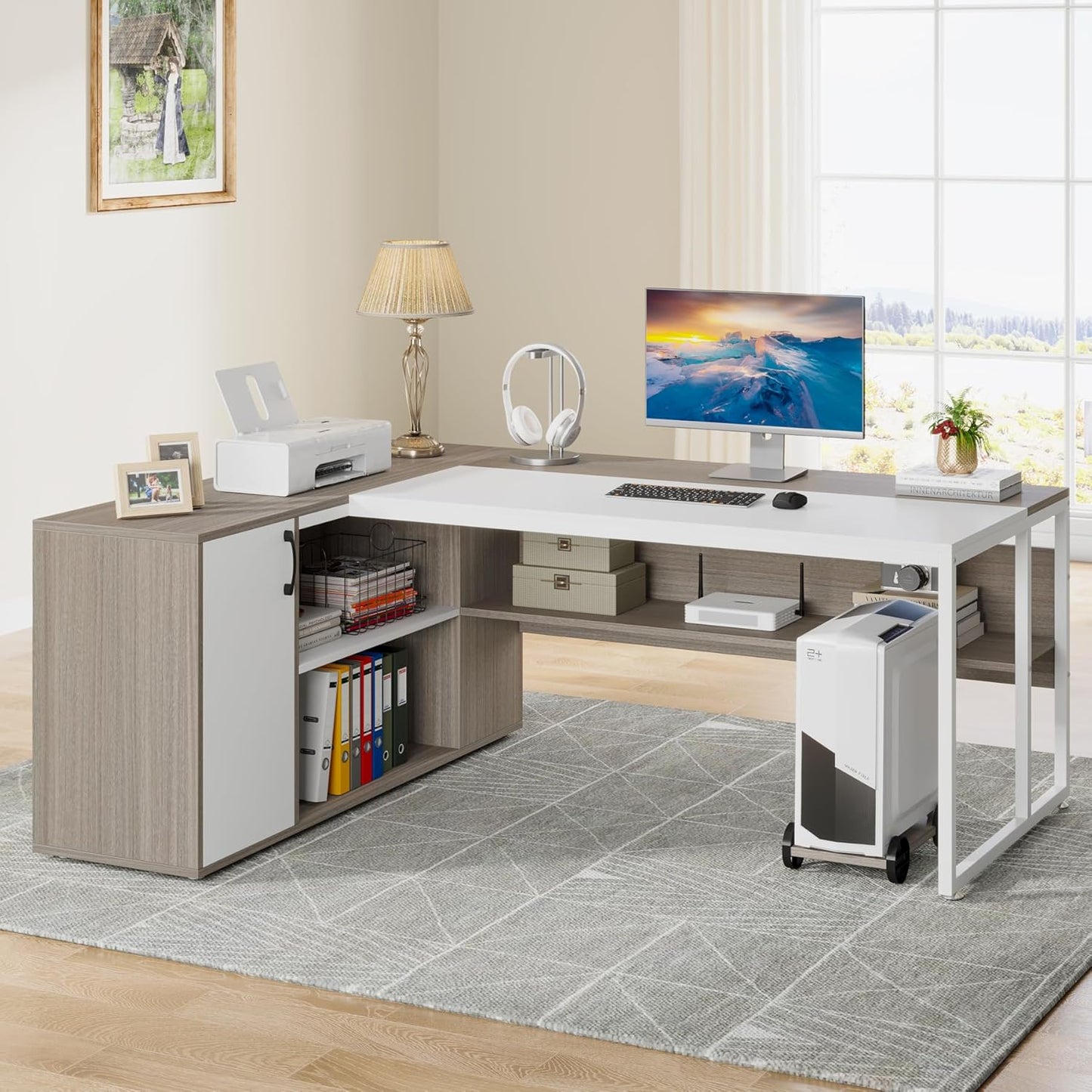 Tribesigns 71 inch Executive Desk, L Shaped Desk with Cabinet Storage, Executive Office Desk with Shelves, Business Furniture Set Workstation for Home Office, Gray and White