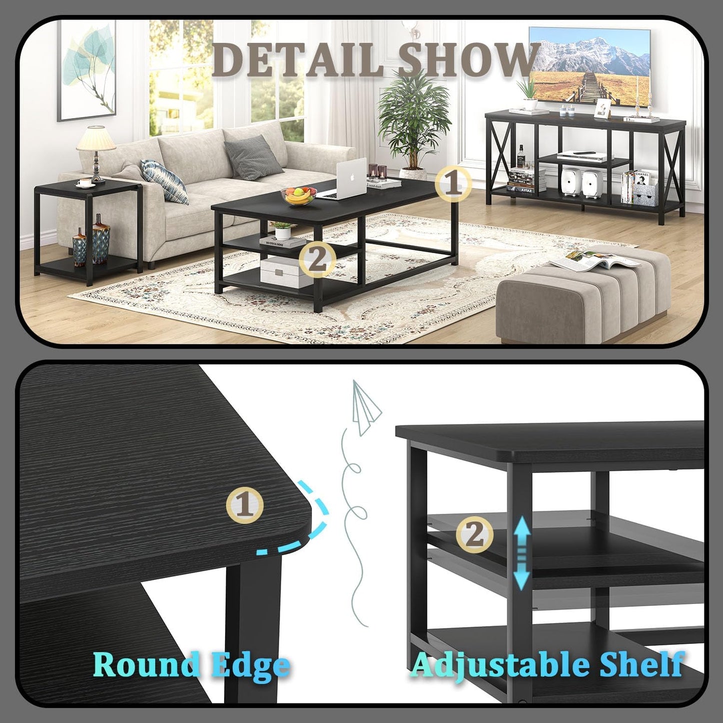 EXCEFUR Black Coffee Table, Rustic Wood Living Room Table with Storage Shelf, Modern Rectangle Center Table, 47 Inch