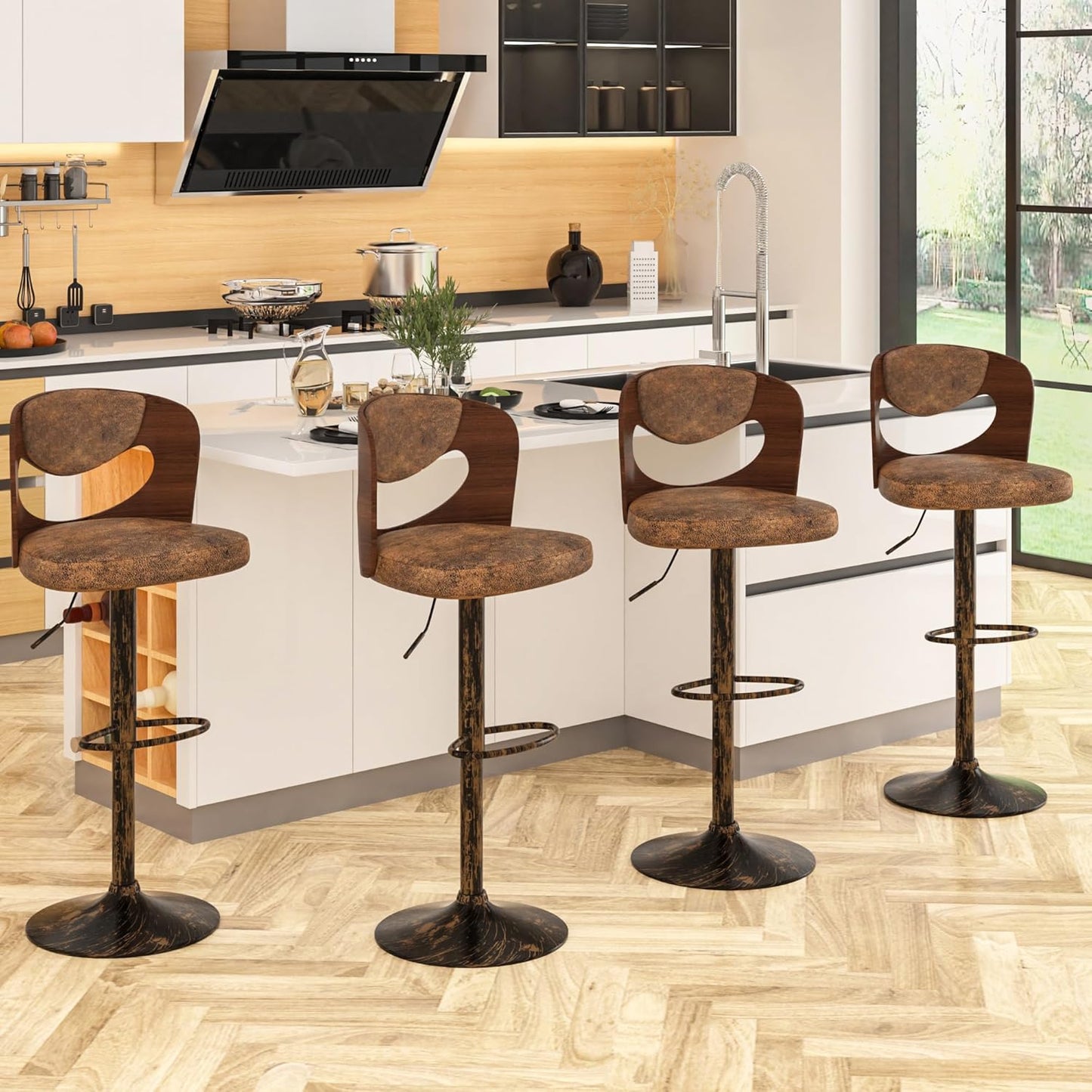 VECELO BarStools Set of 4,Kitchen Island Stools with Bentwood Back,Arm&Footrest,Counter Height Bar Chairs PU Leather Cushion Seat Adjustable Height 360°Swivel,Island Chairs for Club Pub,Rustic Brown
