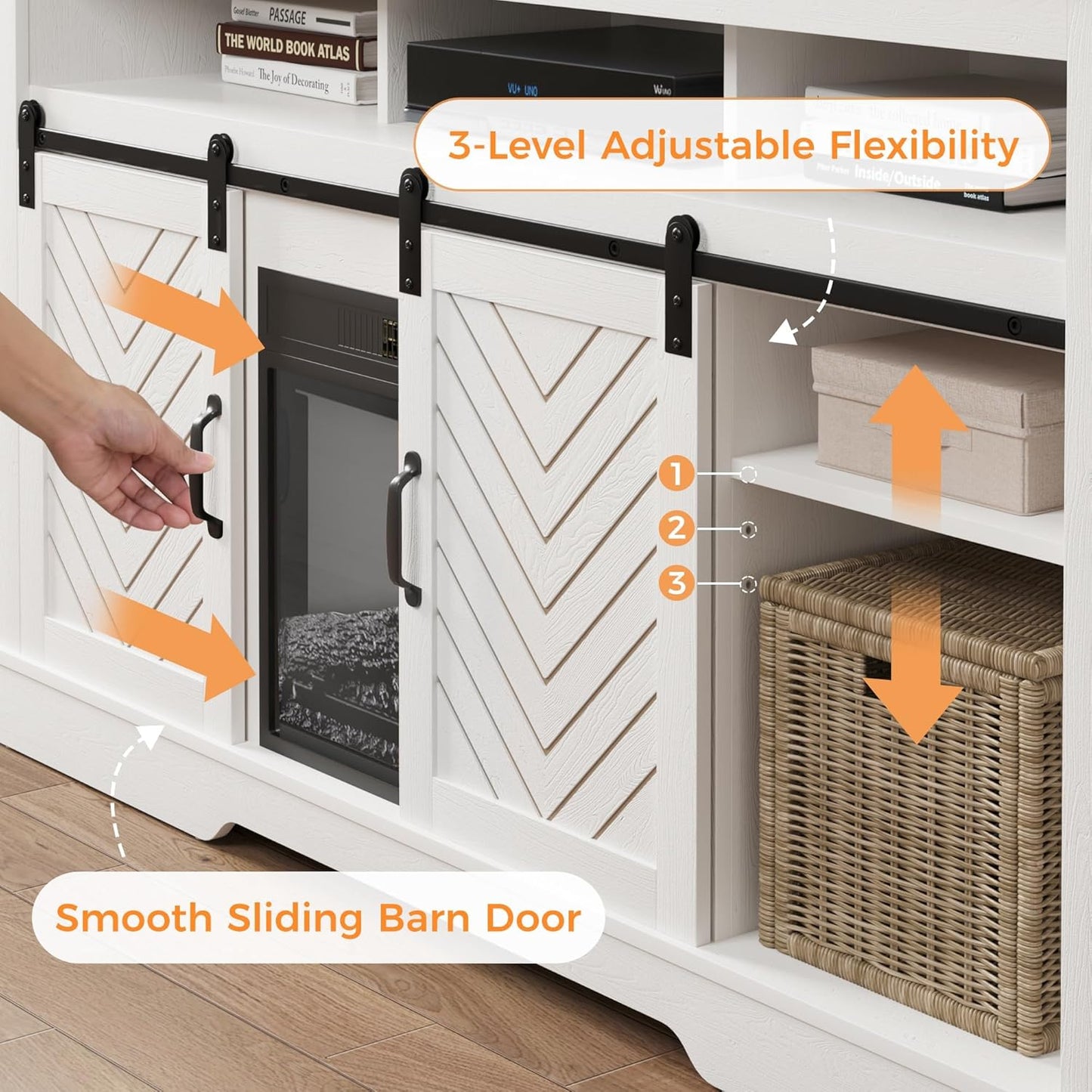 RoyalCraft Farmhouse TV Stand for 23" Electric Fireplace, Tall Entertainment Center for 65+ Inch TV, 34" Tall Rustic TV Console with Sliding Bar Door for Living Room, Wood-Tone and White