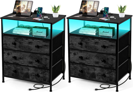 3 Drawers Dresser with Charging Station, 24 Inch Wide LED Night Stand Set 2 with Adjustable Fabric Drawer, Nightstand with Storage Shelf for Living Room/Bedroom/Office, Black.