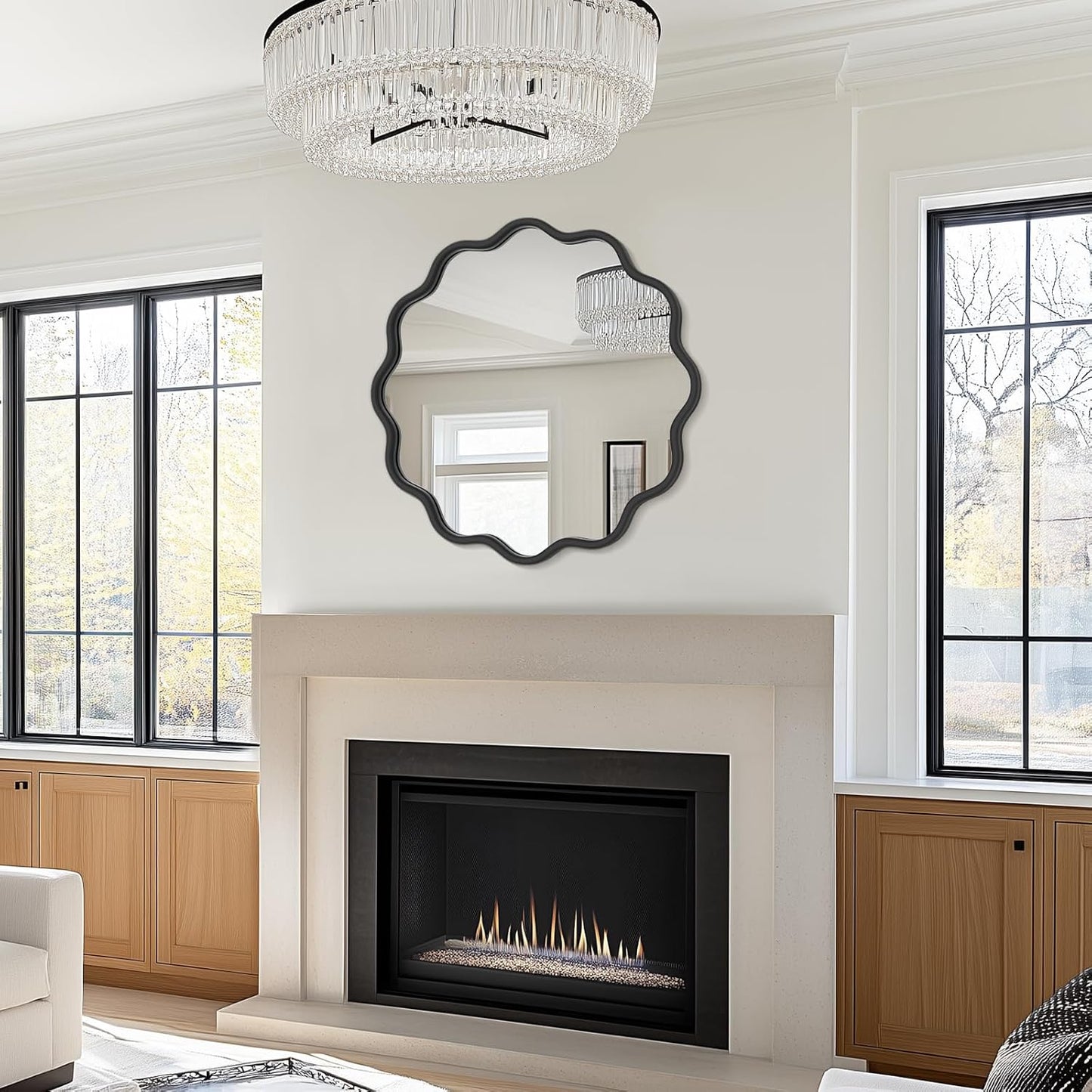 PROHOMEWARE Black Round Mirror 24 Inch Wavy Bathroom Vanity Mirror Black Frame Modern Wall Mirror Decorative Wall-Mounte Anti-Rust, Tempered Glass