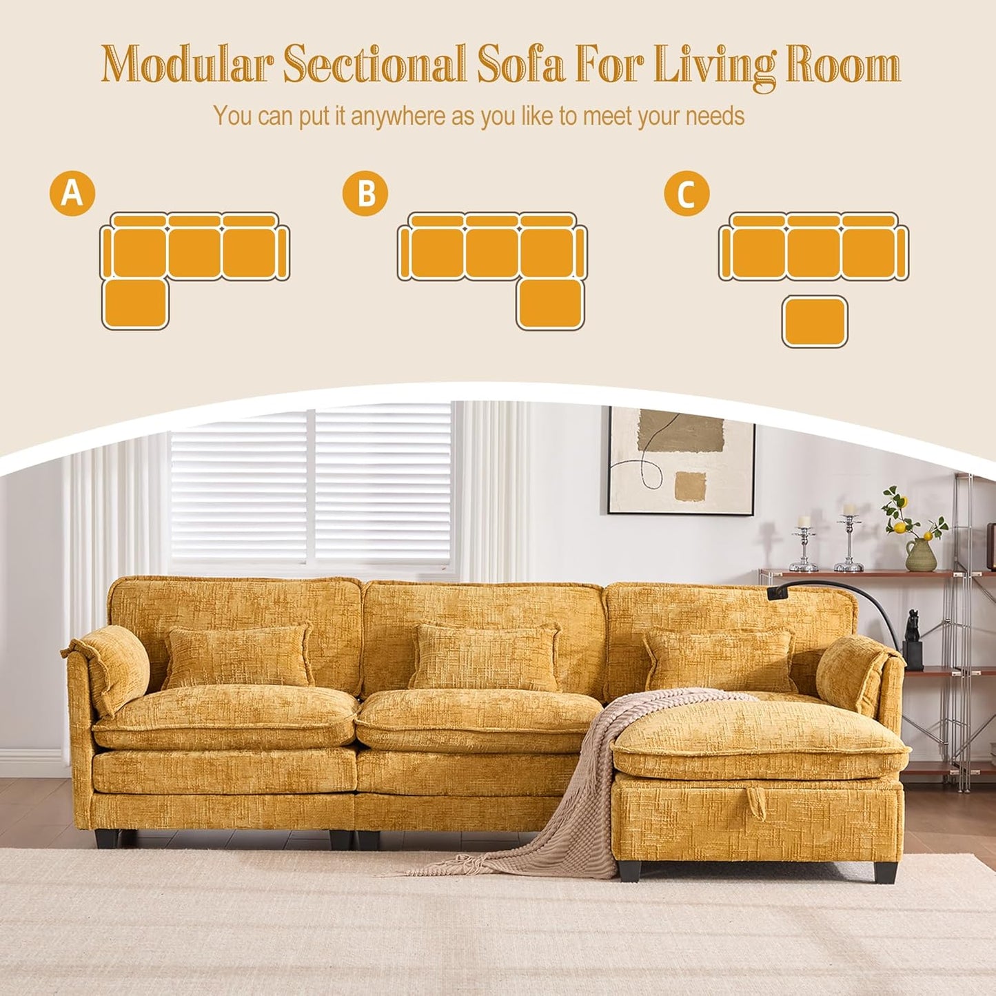Ball & Cast Modular L Shaped Sectional Sofa,Comfy Cloud Couch W/Movable Storage Ottoman,4 Seater Sectional Sofa W/USB Charging Port,Phone Holder&Side Pocke,Chenille Fabric,for Living Room,Yellow,109"