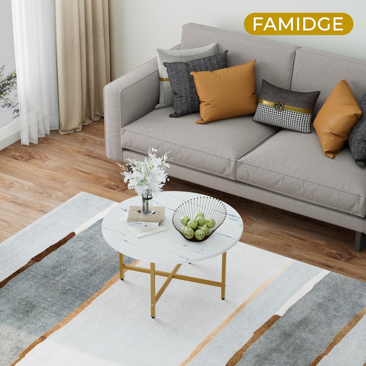 Coffee Table, 23.6" Coffee Tables for Living Room, Round Coffee Table with Metal Frame, Floor Table for Sitting on The Floor, Home, Office, White & Gold Legs