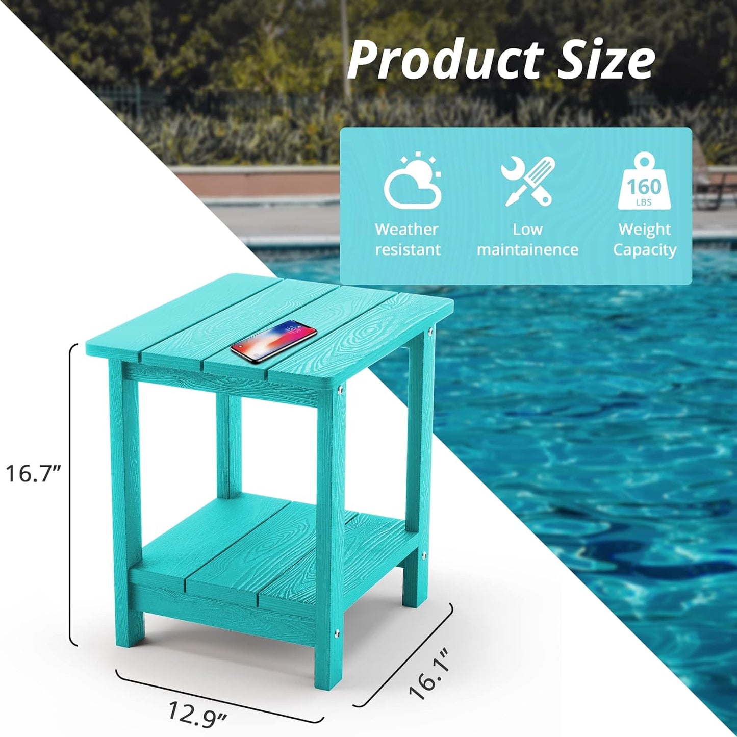 LUE BONA Adirondack Outdoor Side Table, 2-Tier Aruba Blue HDPS Patio End Table Weather Resistant, Outdoor Morden Side Table for Patio, Pool, Porch