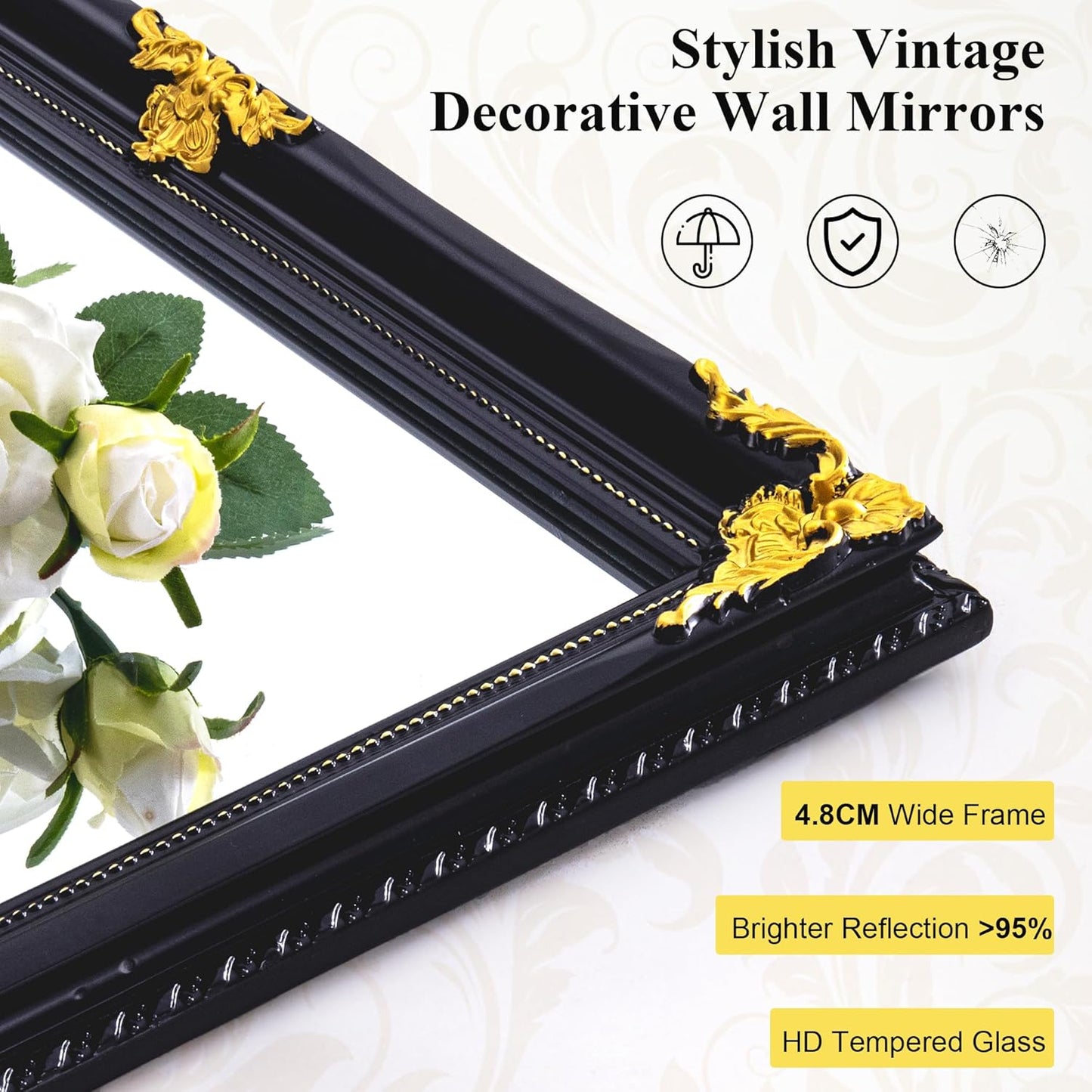 39" x 27" Large Vintage Decoration Mirror, Dark Antique Mirror Wall Decor for Living Room Fireplace, Black and Gold Victorian Wood Frame Glass Wall Decor for Bathroom