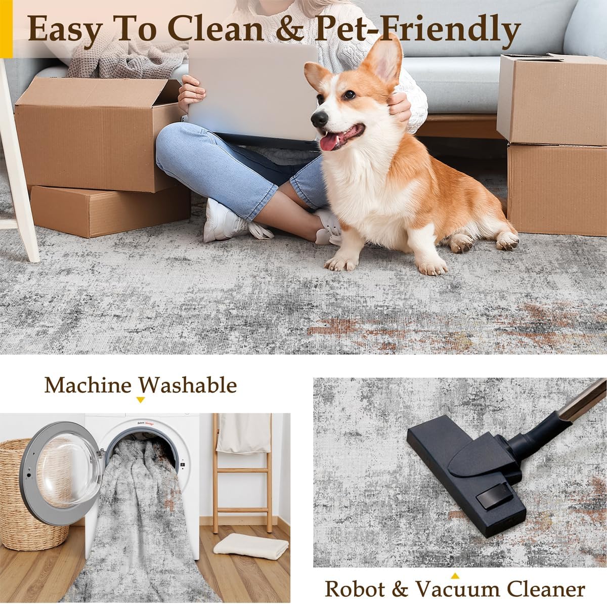 5x7 Washable Area Rug Grey Rust Modern Neutral Abstract Living Room Bedroom Indoor Floor Carpet Low Pile Soft Non-Slip Lightweight Vacuumable Throw Rug for Kitchen Dining Room