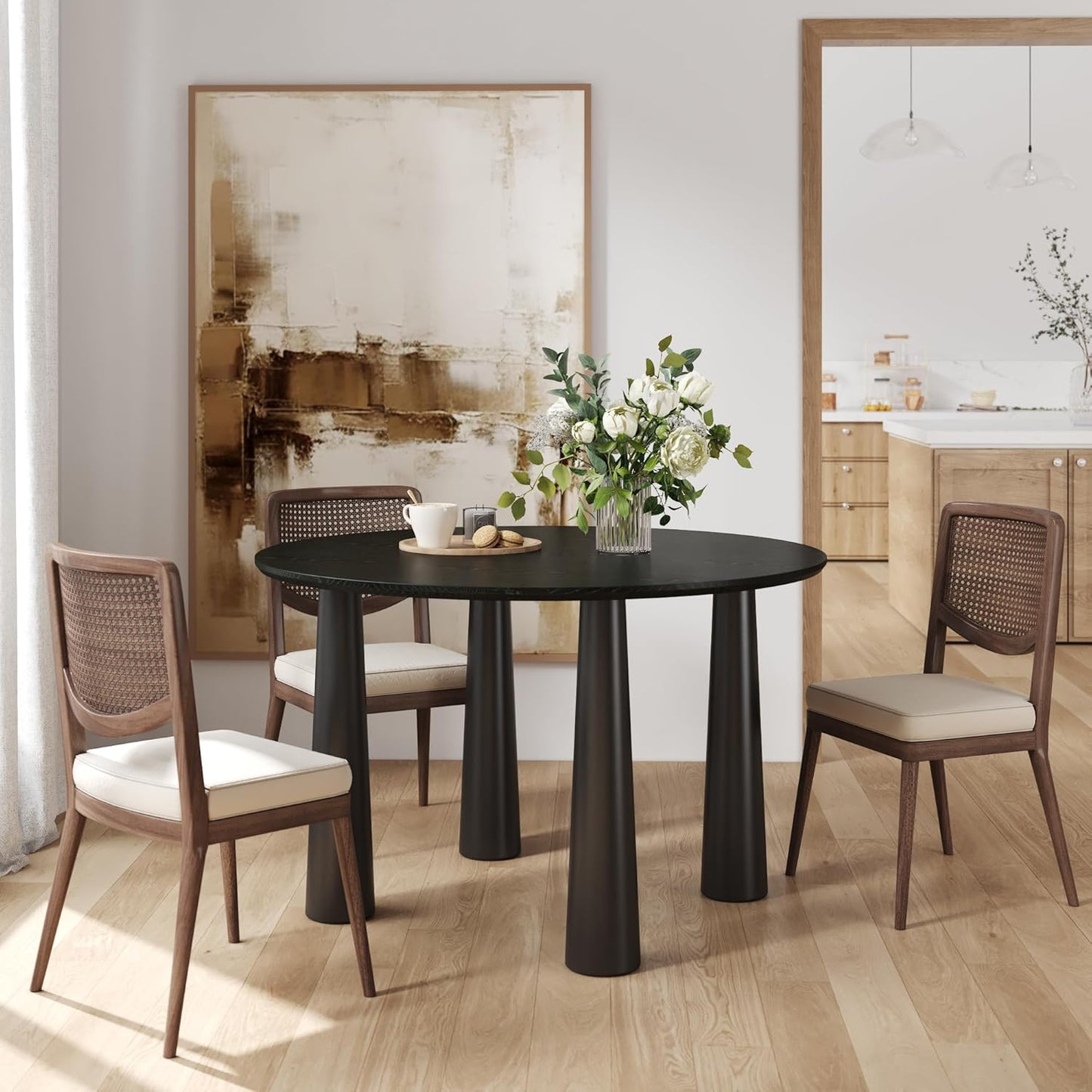 Casaphoria 45" Round Dining Table, Kitchen Table for 4 with Arc-Shaped Edge Top and Cylindrical Legs, Easy Assembly for Living Room, Dining Room, Black