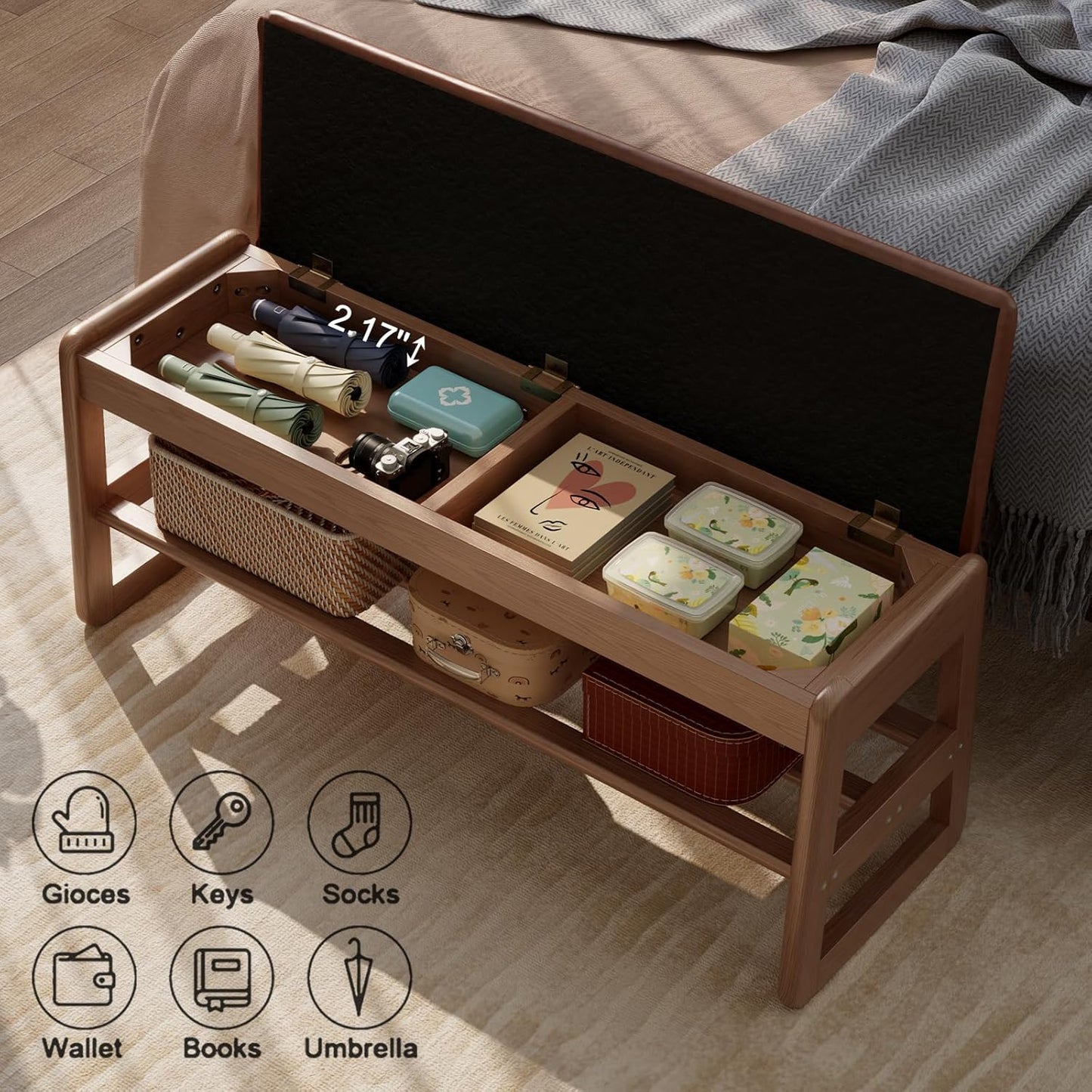 Shoe Rack Bench with Leather Cushion,2 Tiers Shoe Bench with Flip-Top Storage,Wood Shoe Rackh for Entryway,Hallway（Orange,39.3"）