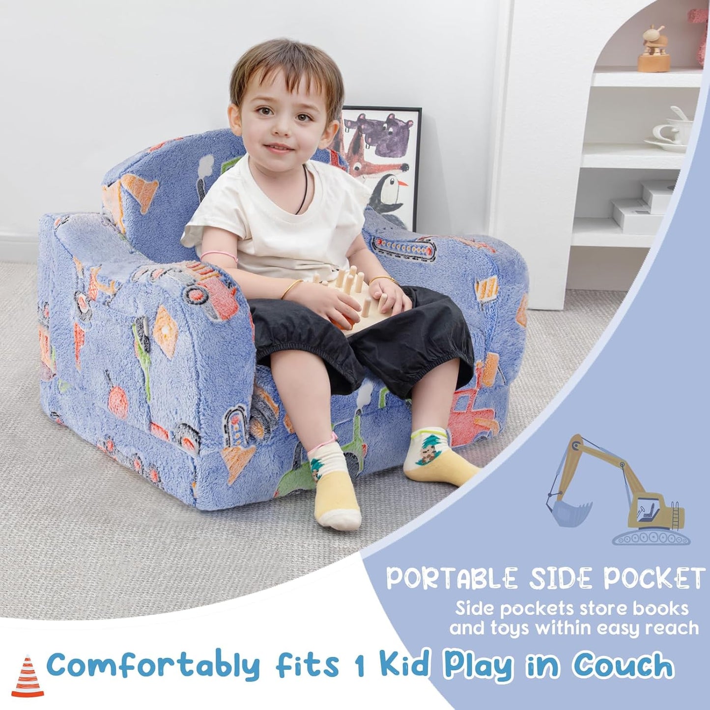 Comfy Toddler Chair and Couch for Kids with Blanket,2-in-1 Soft Plush Fold Out Toddler Couch for Girls and Boys,Convertible Sofa to Lounger for Playroom,Car Excavator