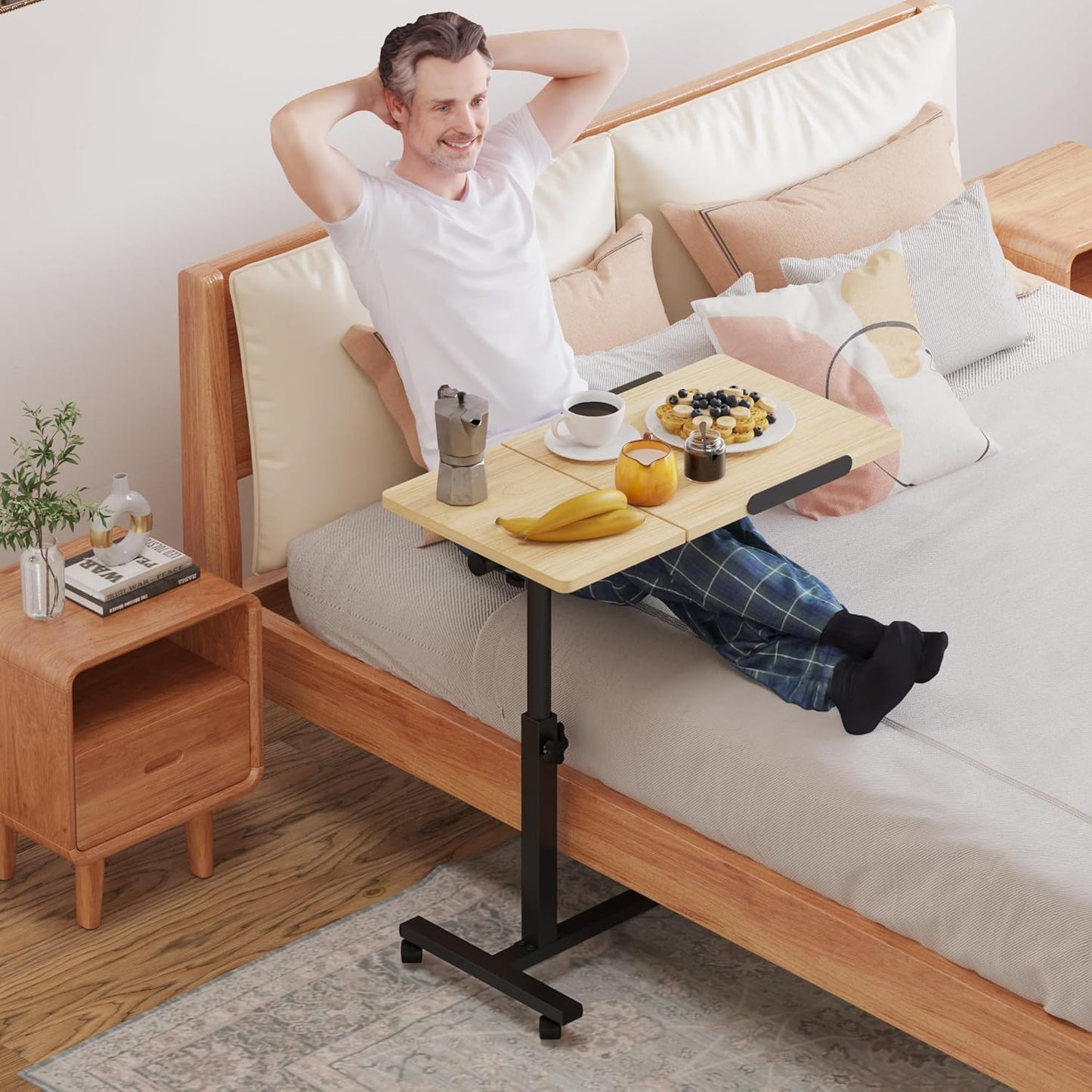 Tilting Overbed Table with Wheels, Adjustable Height Laptop Stand for Couch, Bed Desk Hospital Overbed Table Side Tray Tables, Office Carts & Stands (Log)