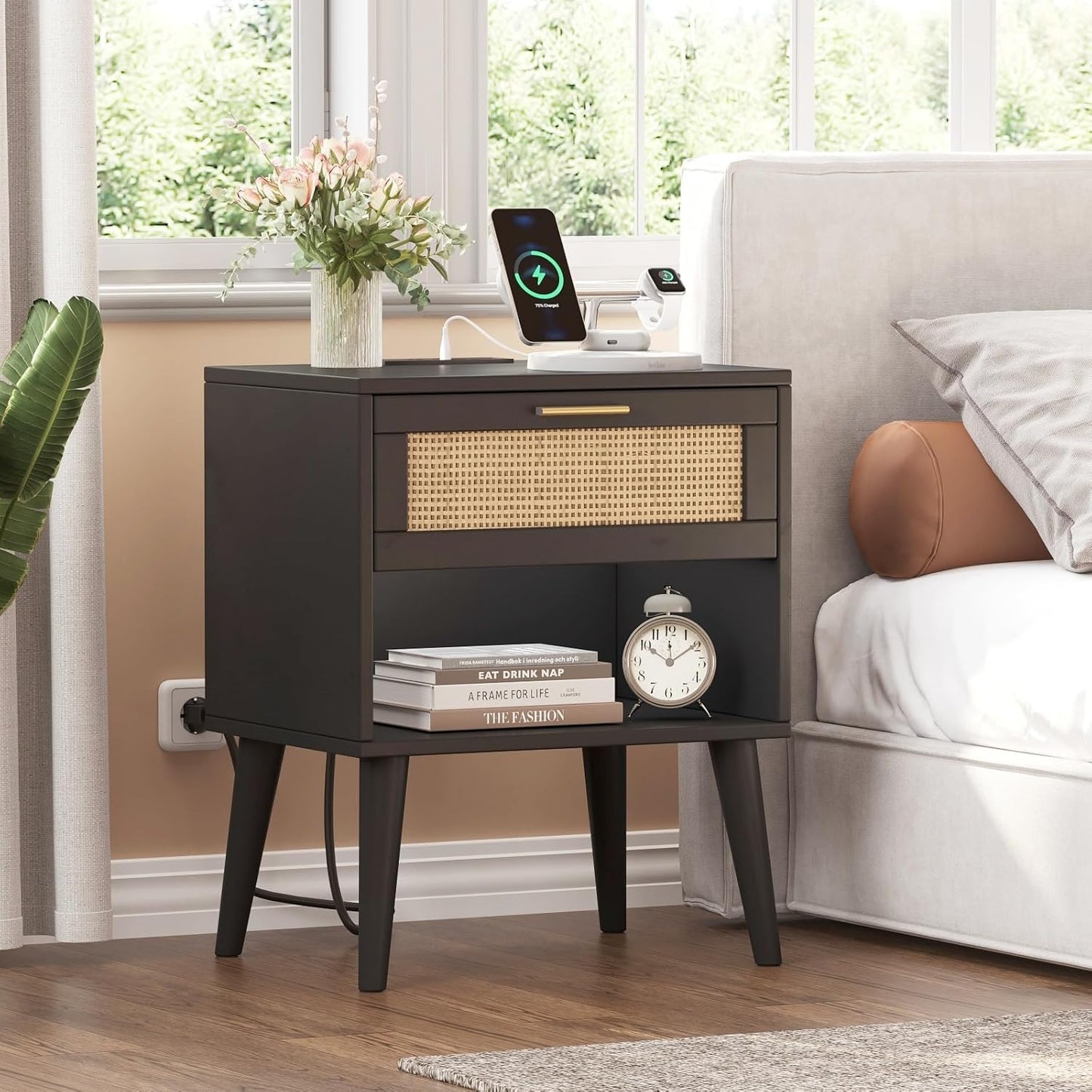 Irontar Nightstand Set of 2, Bedroom Night Stand with Charging Station & Rattan Drawer, Boho Style Bed Side Tables with Solid Legs, Accent End Table with Open Storage, Black and Natural BZZ007BME02
