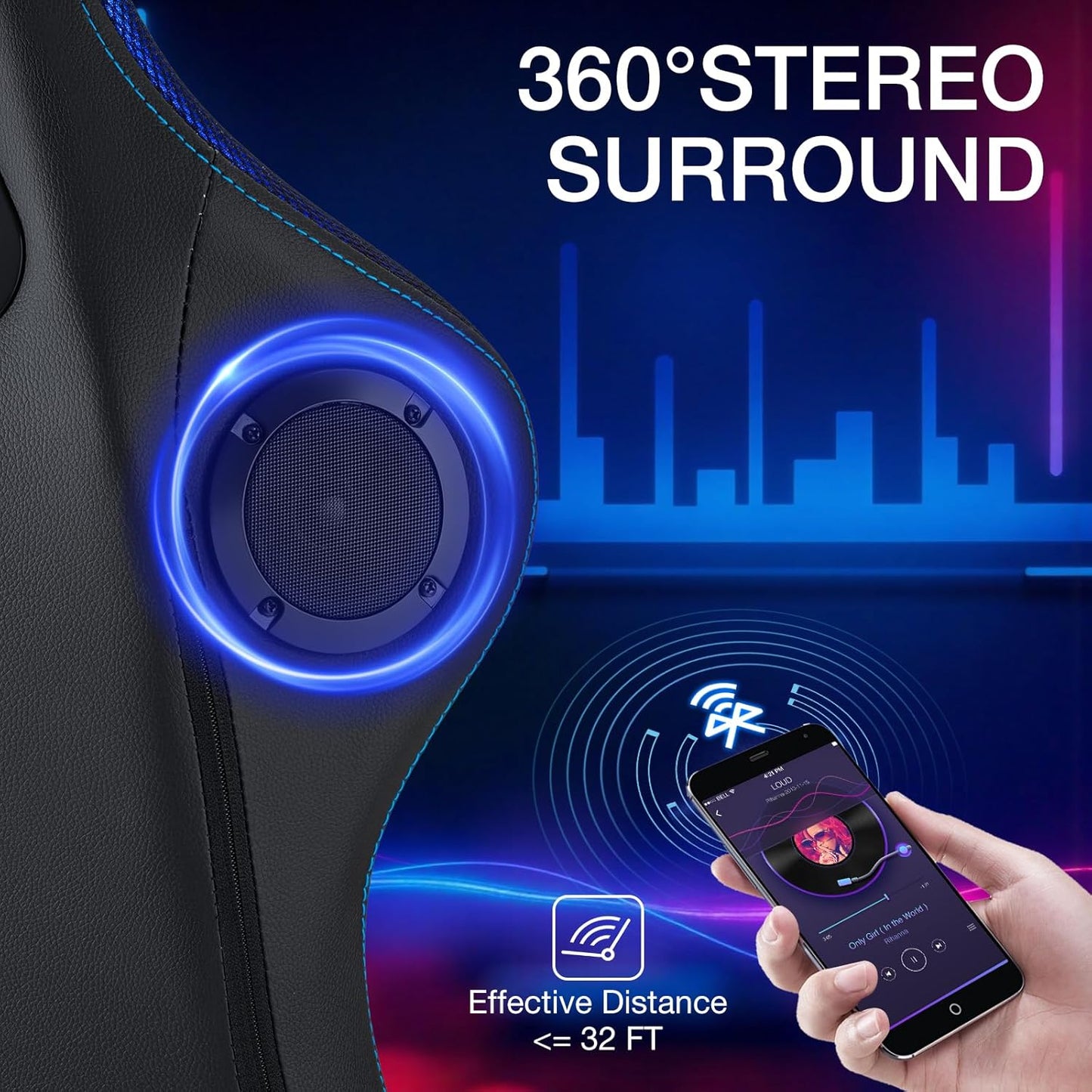 HOFFREE Gaming Chair with Music Rhythm RGB LED Lights and Bluetooth Speakers Ergonomic Massage Computer Gaming Chair with Footrest Video Game Chair High Back with Lumbar Support Blue and Black