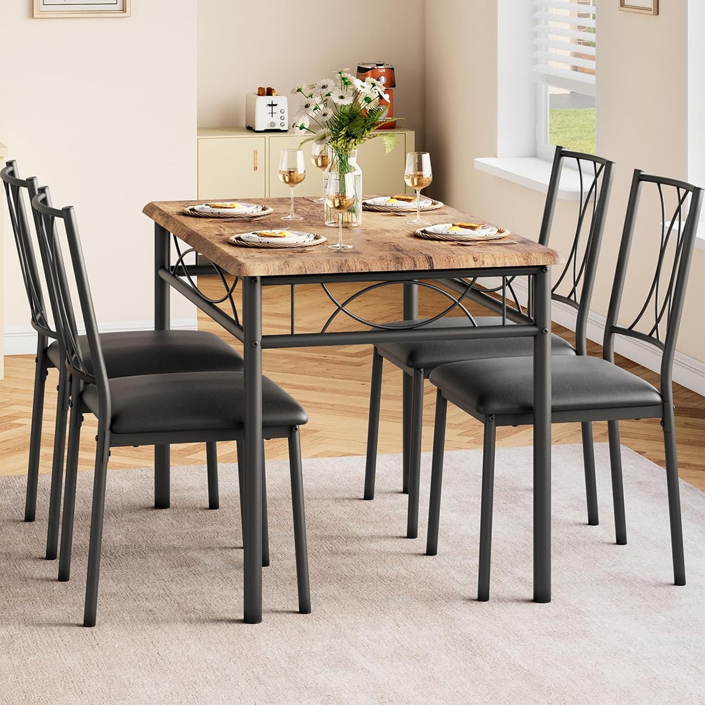 GAOMON Dining Table Set for 4, Rectangle Kitchen Table with 4 Upholstered Chairs Set for 4, 5-Piece Compact Apartment Kitchen & Dining Room Set Furniture for Small Spaces, Space-Saving, Rustic Brown