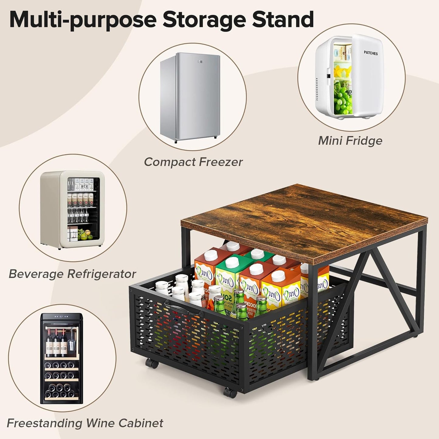 Urban Deco Mini Fridge Stand with Storage, Heavy Duty Fridge Cart with Drawer Basket, Mini Refrigerator Table for 220 LBS, Mobile Fridge Stand with Swivel Wheels for Dorm,Office,Home, Retro Brown