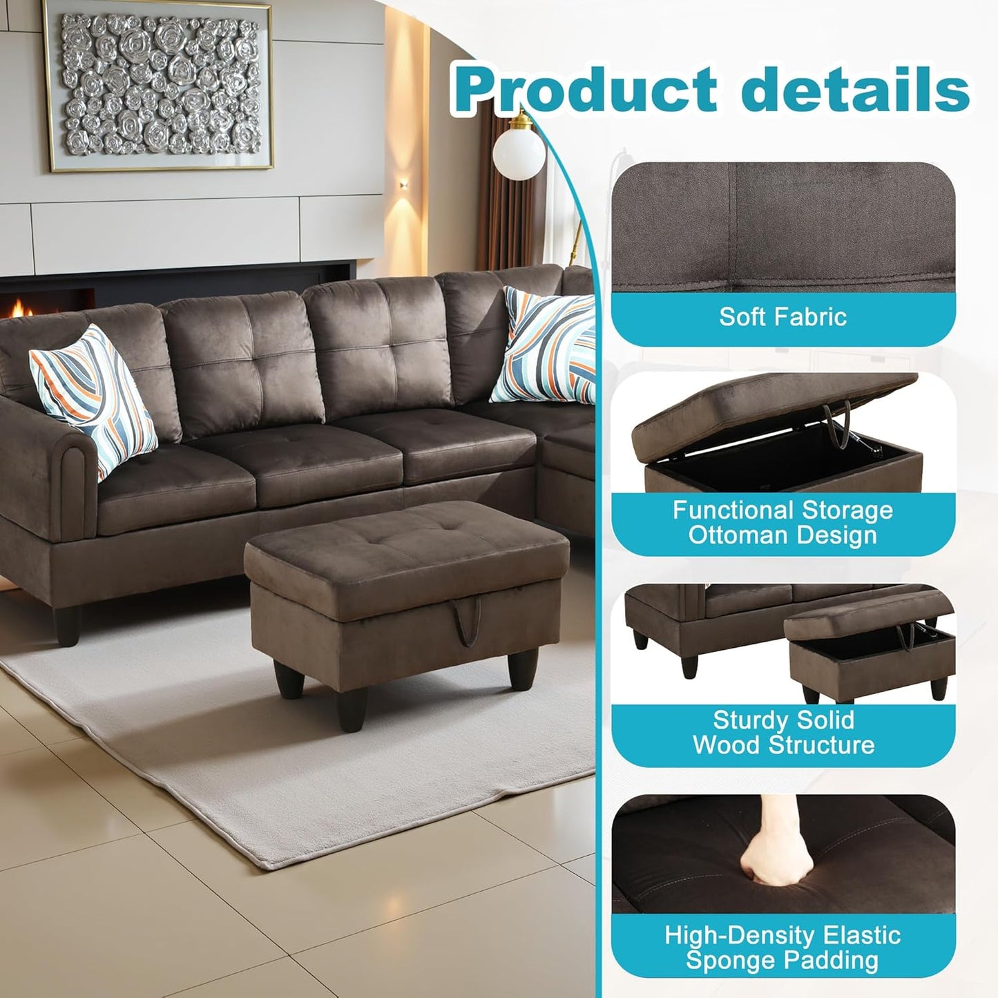 Couches for Living Room Modern L Shaped Couch Comfy Flannel Fabric 3 Pieces Sectional Sofa with Chaise, Ottoman with Storage for Office and Small Apartment, Dark Brown